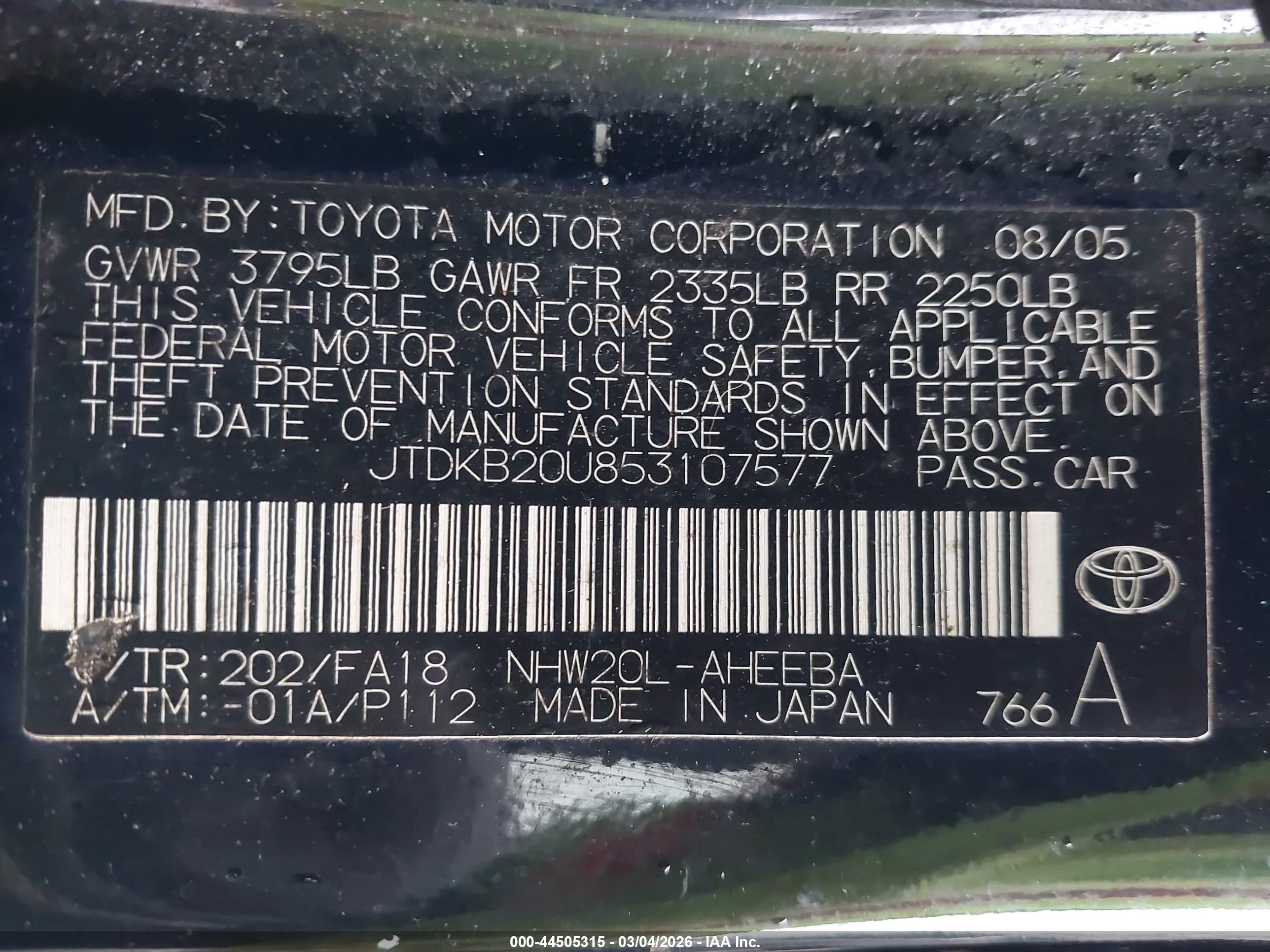 2005 Toyota Prius Black vin: JTDKB20U853107577