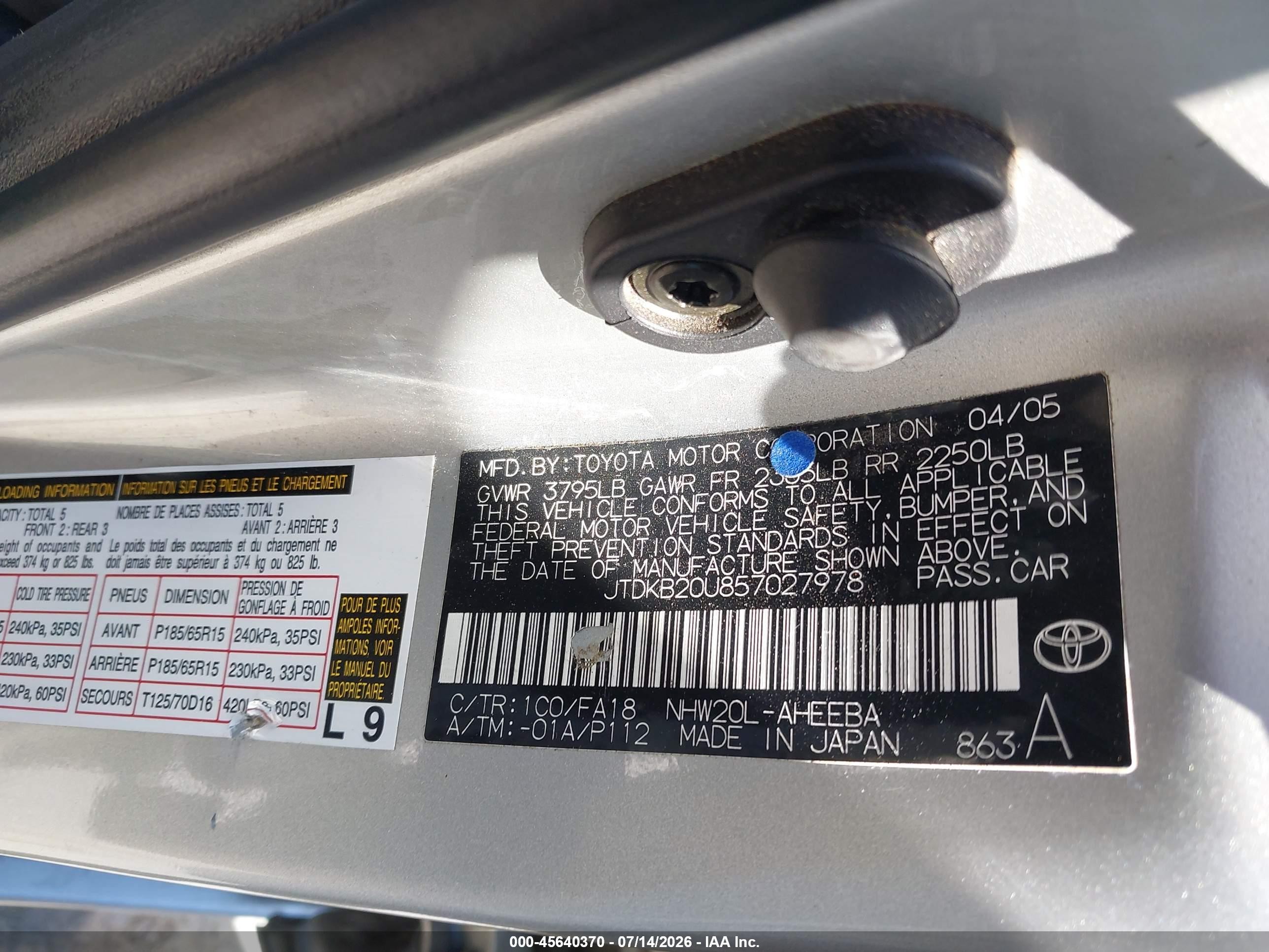 2005 Toyota Prius   Silver vin: JTDKB20U857027978