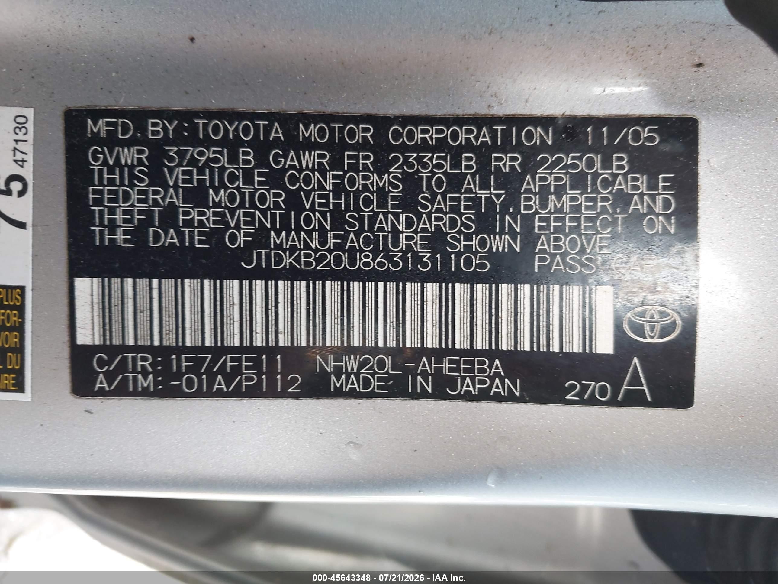 2006 Toyota Prius   Silver vin: JTDKB20U863131105