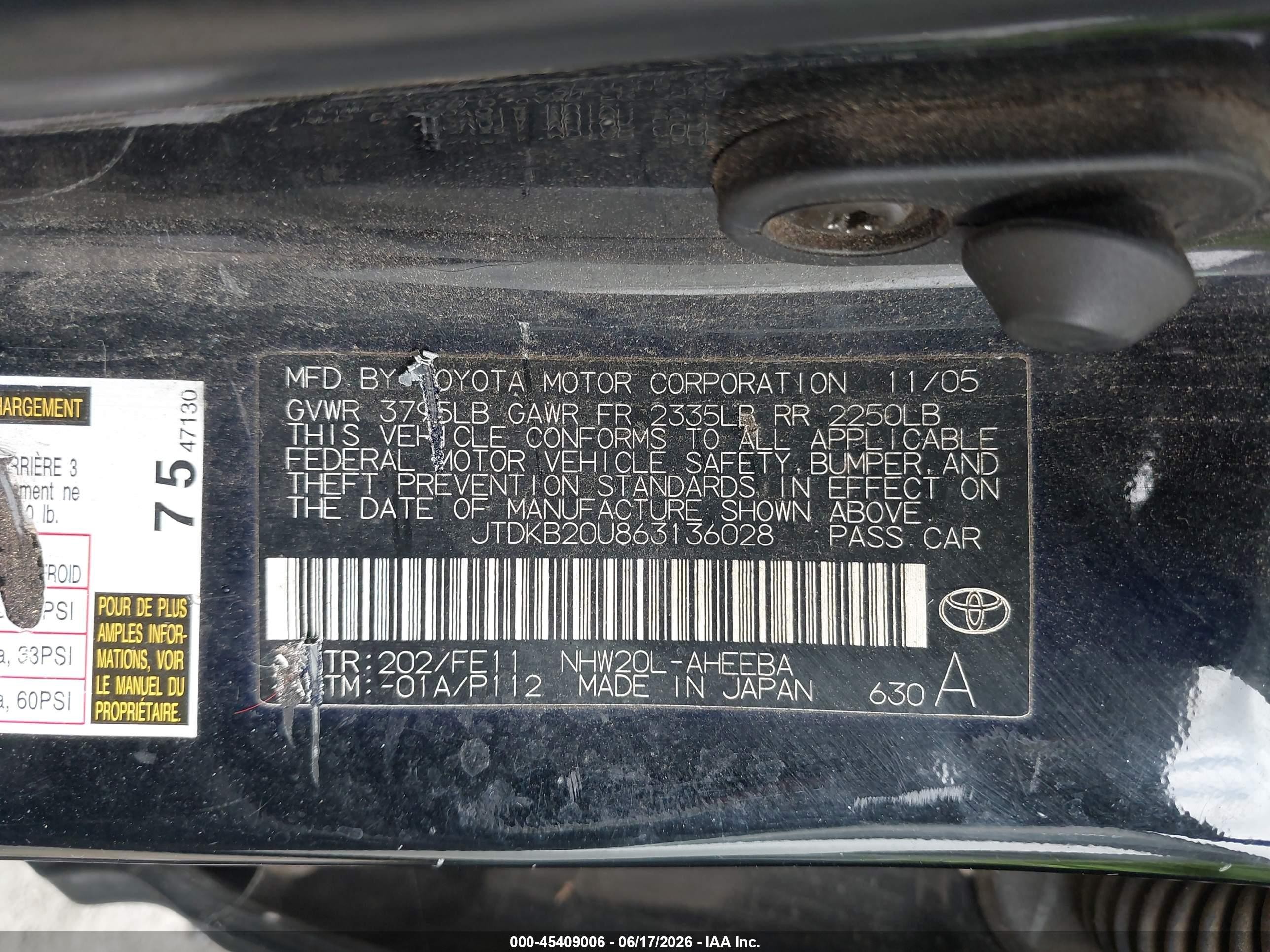 2006 Toyota Prius   Black vin: JTDKB20U863136028
