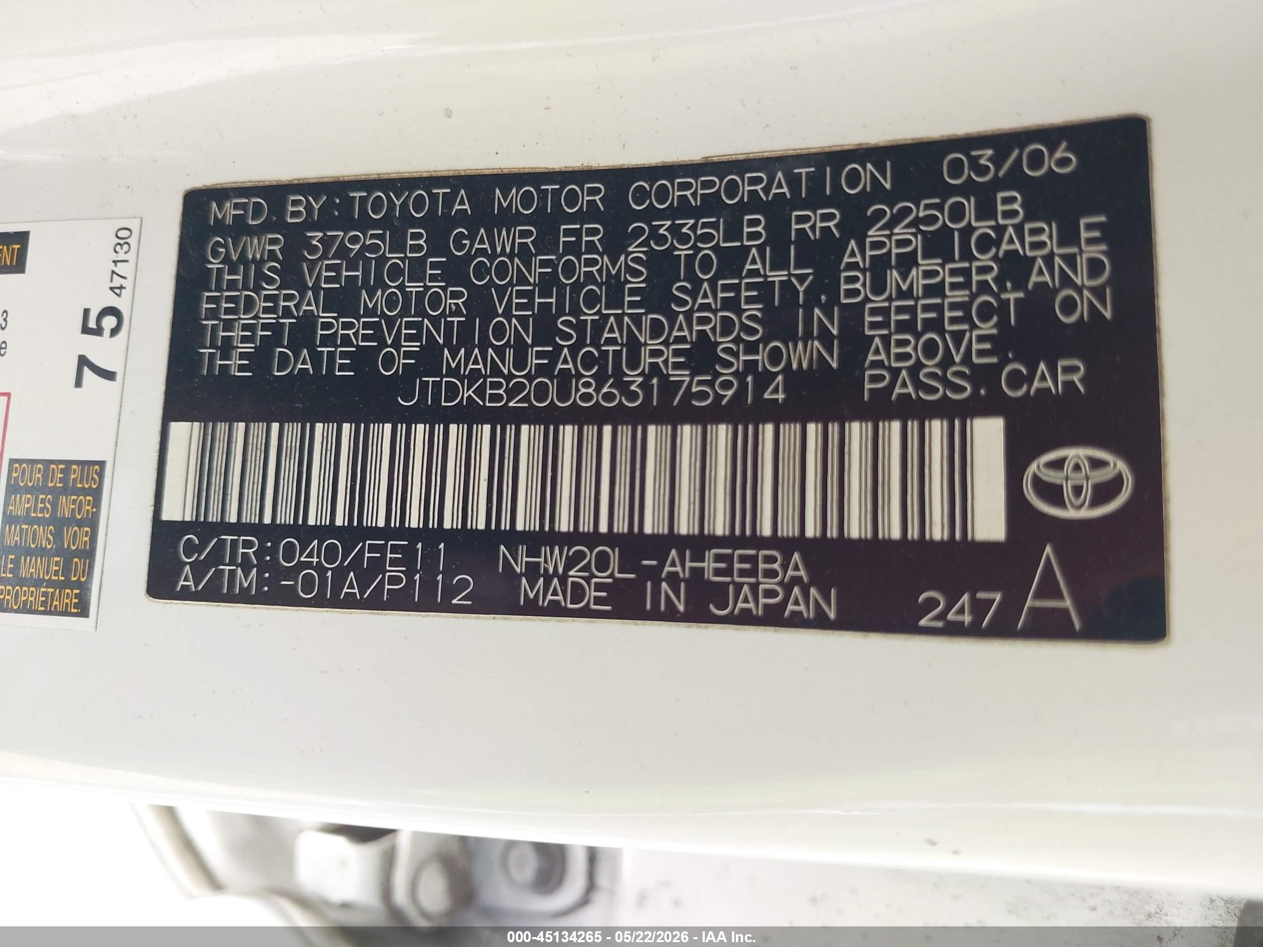 2006 Toyota Prius   White vin: JTDKB20U863175914