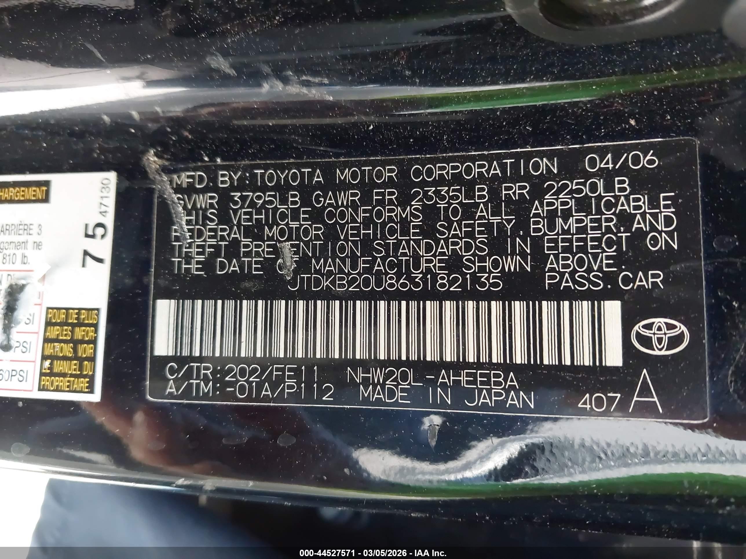2006 Toyota Prius Black vin: JTDKB20U863182135