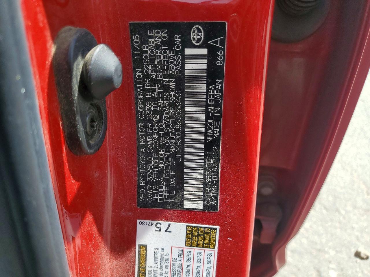 2006 Toyota Prius Base Red vin: JTDKB20U867063431