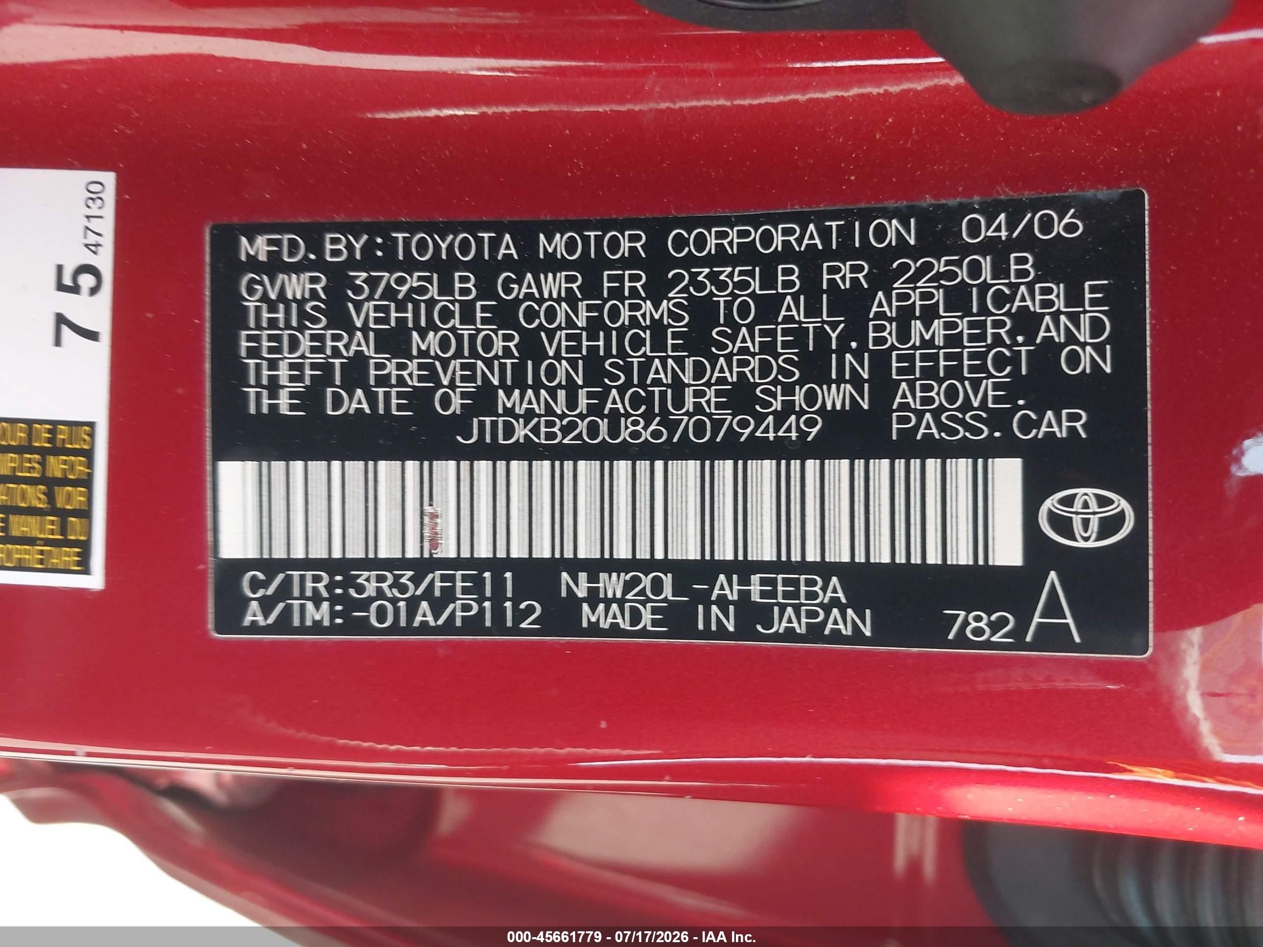 2006 Toyota Prius   Red vin: JTDKB20U867079449