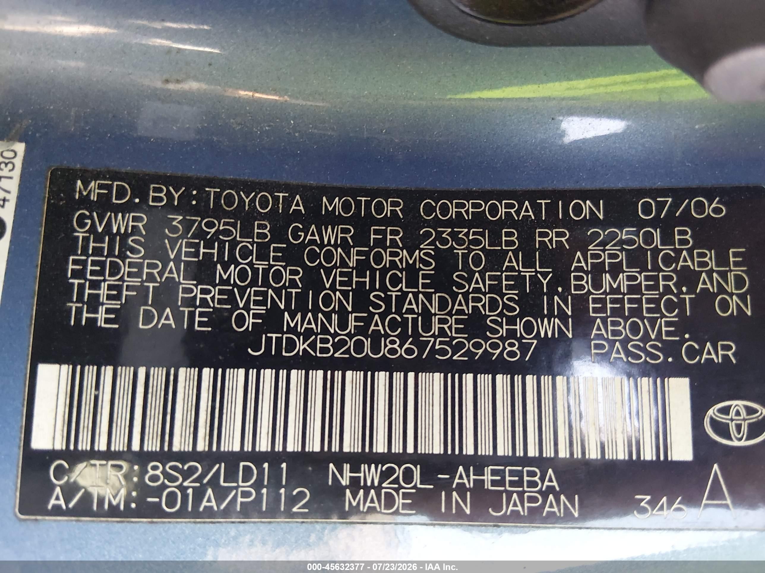2006 Toyota Prius   Blue vin: JTDKB20U867529987