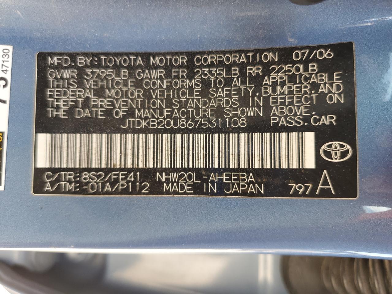2006 Toyota Prius Blue vin: JTDKB20U867531108