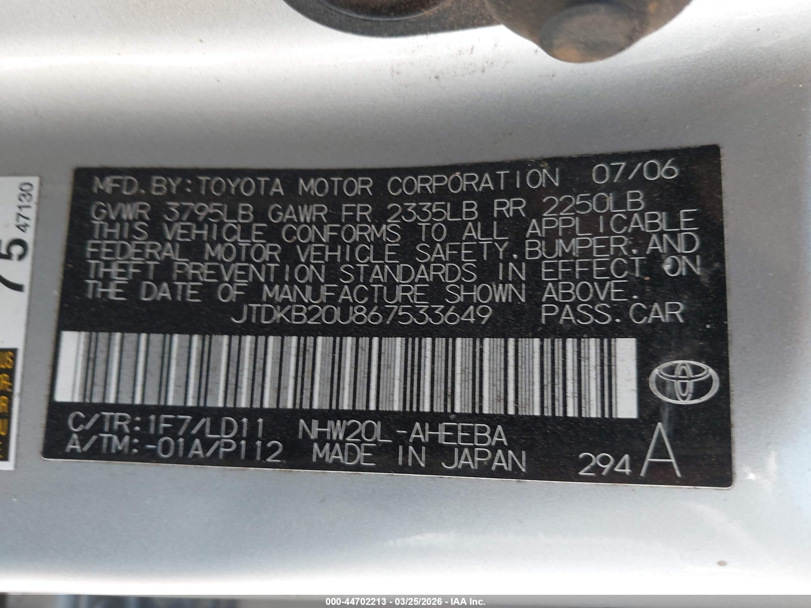 2006 Toyota Prius   Silver vin: JTDKB20U867533649