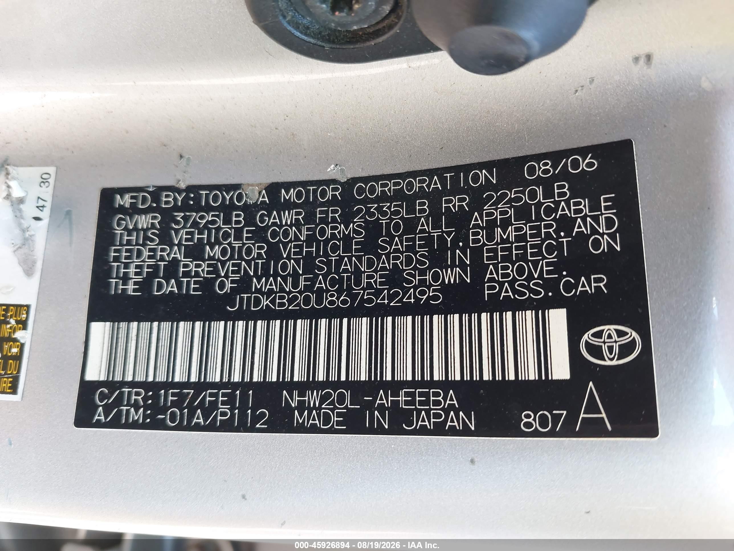 2006 Toyota Prius   Silver vin: JTDKB20U867542495
