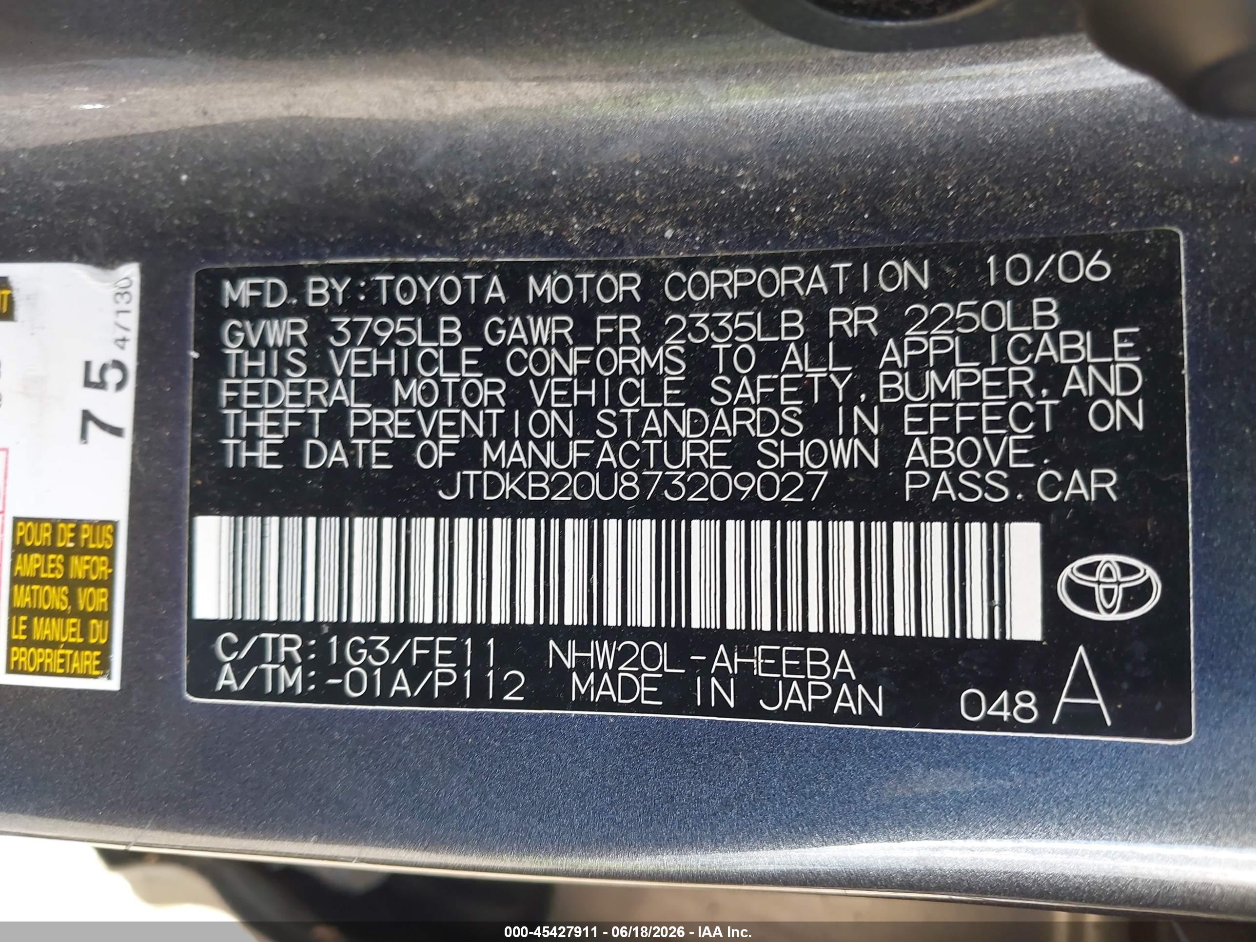 2007 Toyota Prius   Gray vin: JTDKB20U873209027