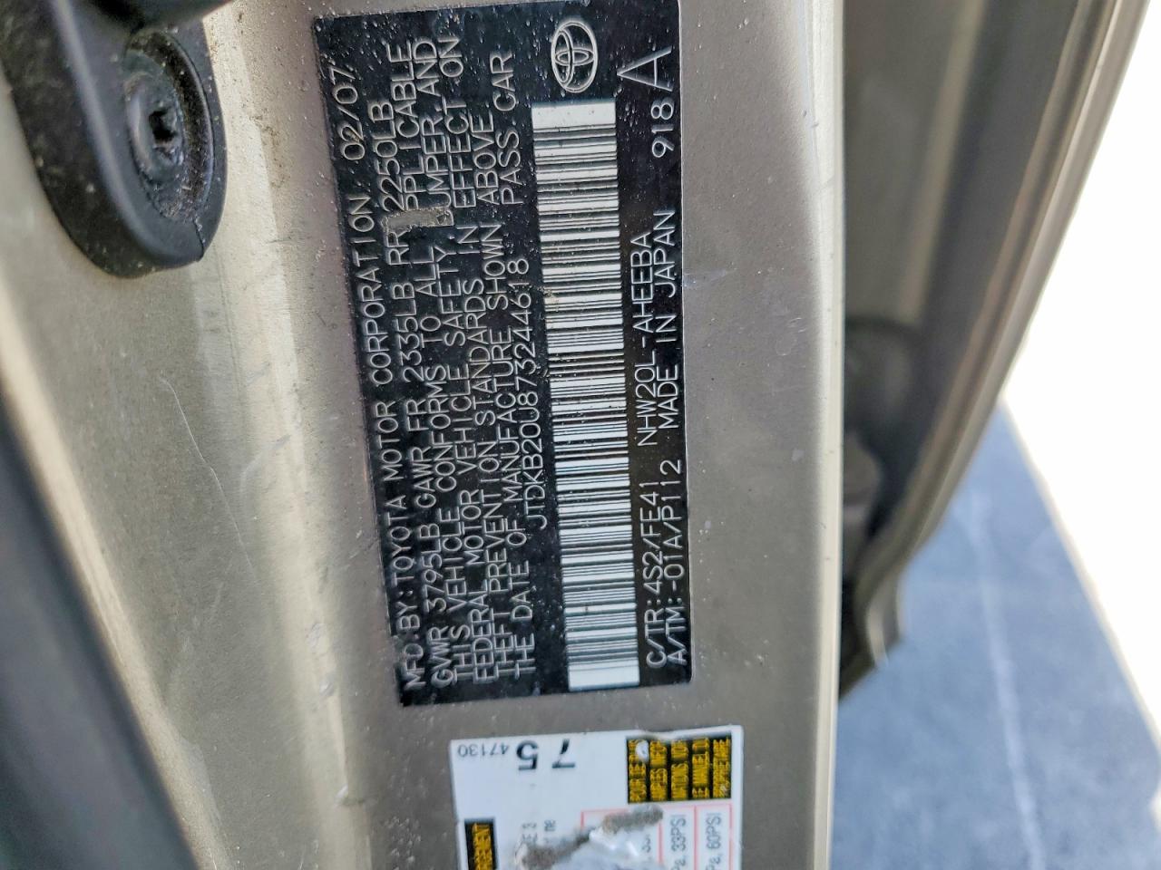 2007 Toyota Prius Base Beige vin: JTDKB20U873244618