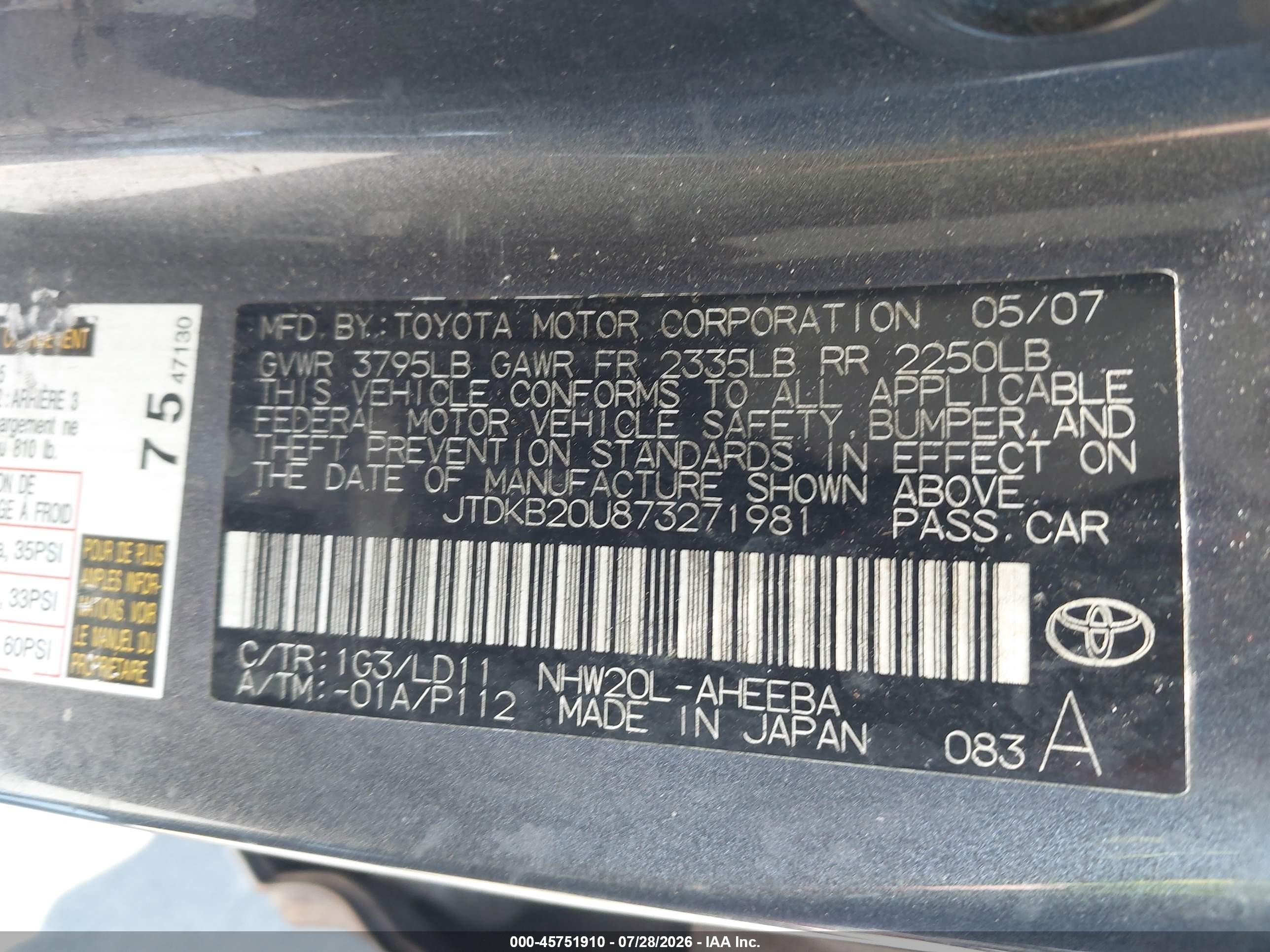 2007 Toyota Prius   Gray vin: JTDKB20U873271981