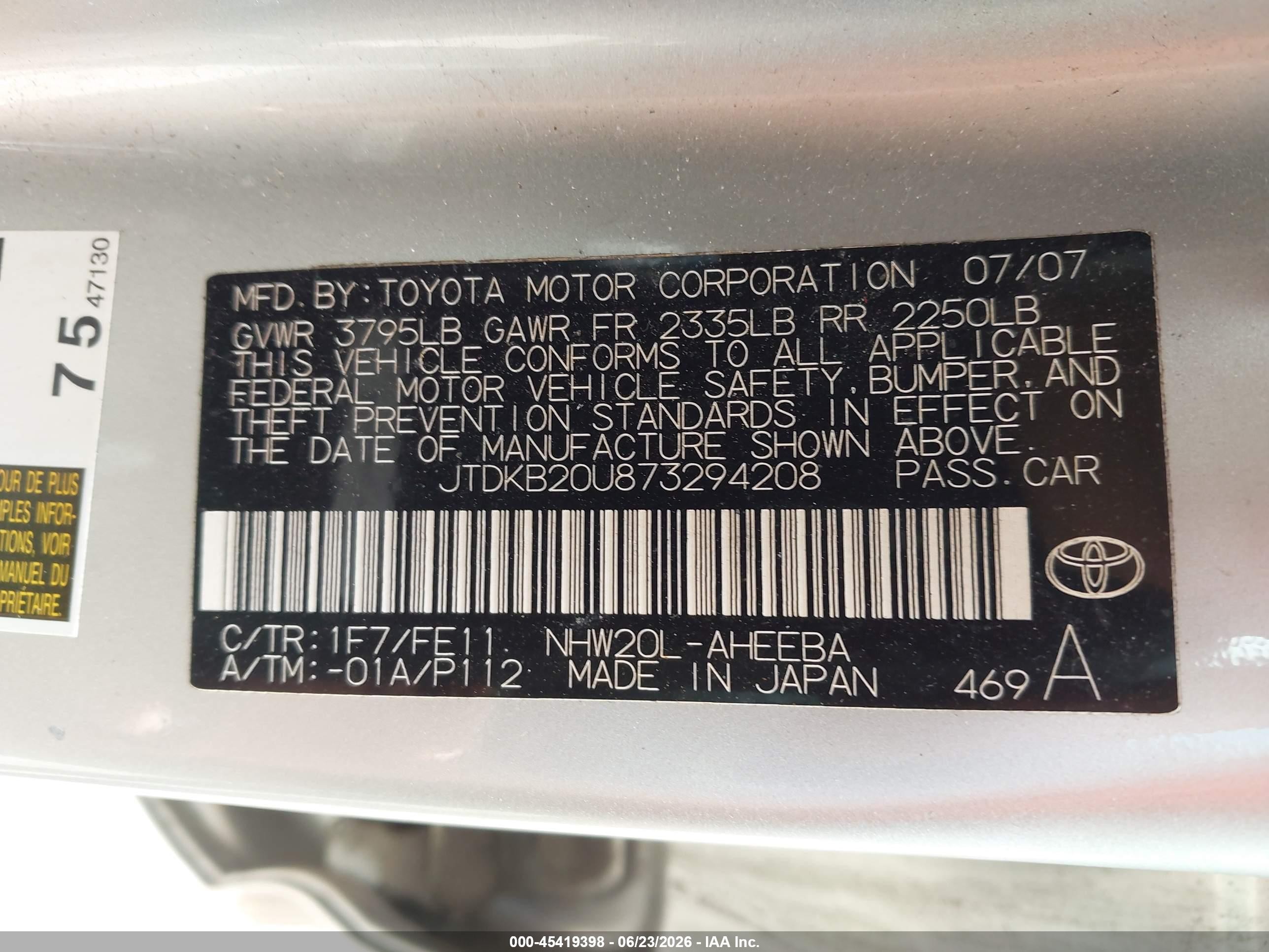 2007 Toyota Prius   Silver vin: JTDKB20U873294208