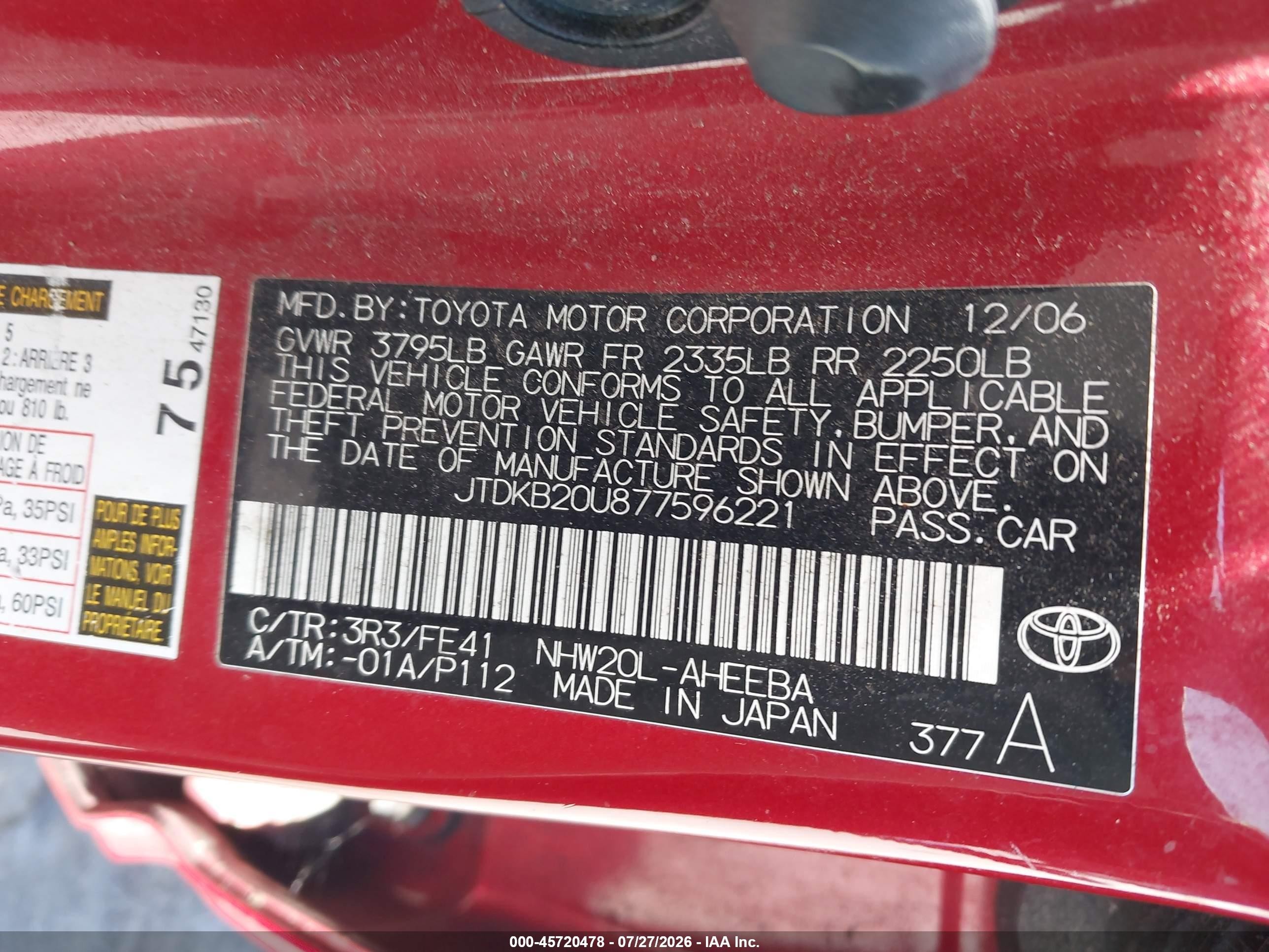 2007 Toyota Prius   Red vin: JTDKB20U877596221