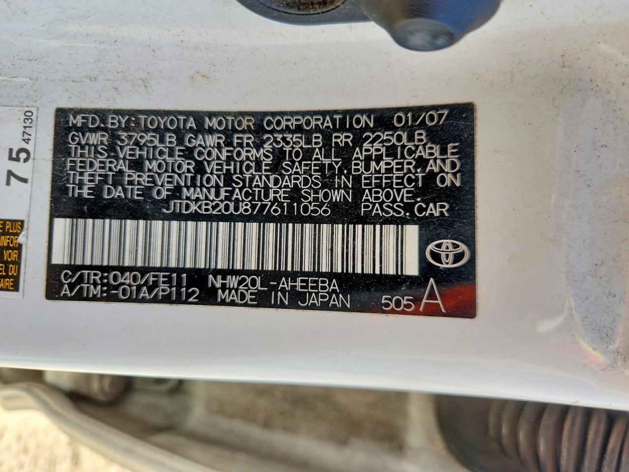 2007 Toyota Prius Base White vin: JTDKB20U877611056