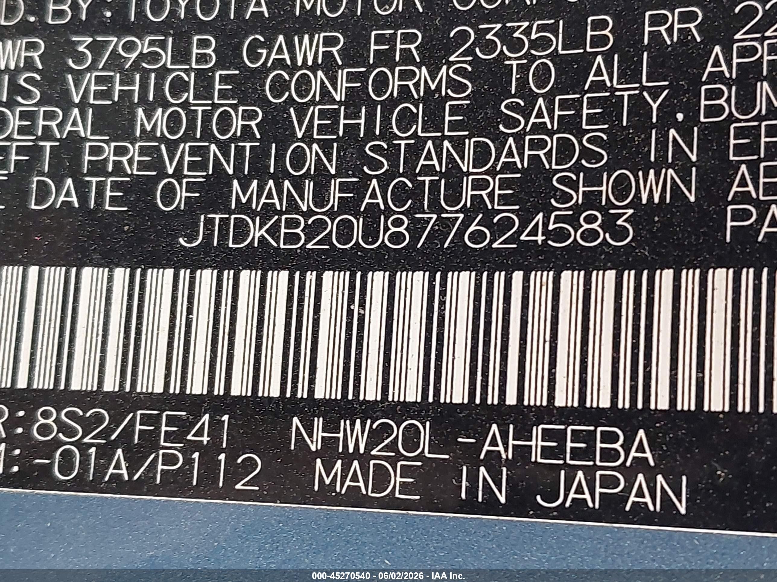 2007 Toyota Prius Light Blue vin: JTDKB20U877624583