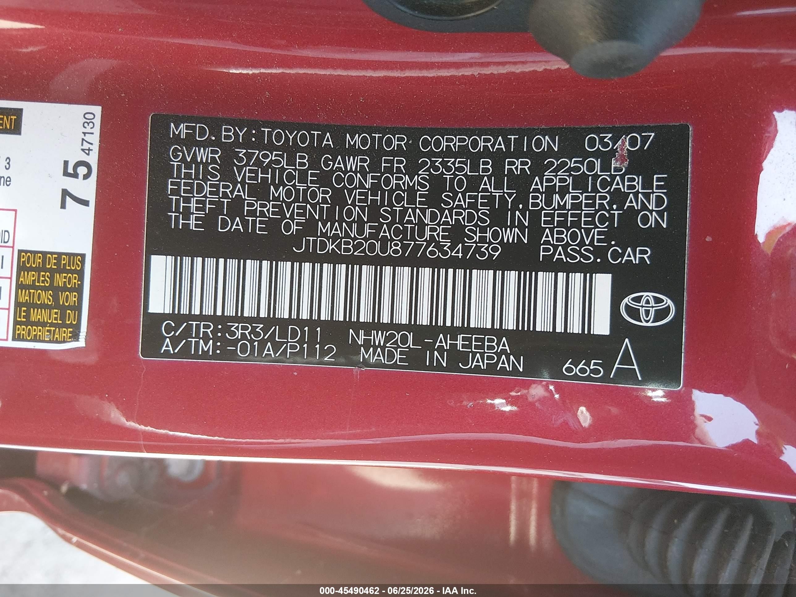 2007 Toyota Prius Red vin: JTDKB20U877634739