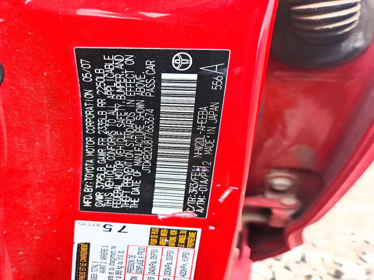 2007 Toyota Prius Base Red vin: JTDKB20U877663674