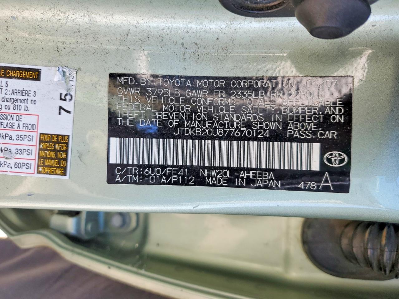 2007 Toyota Prius Base Green vin: JTDKB20U877670124