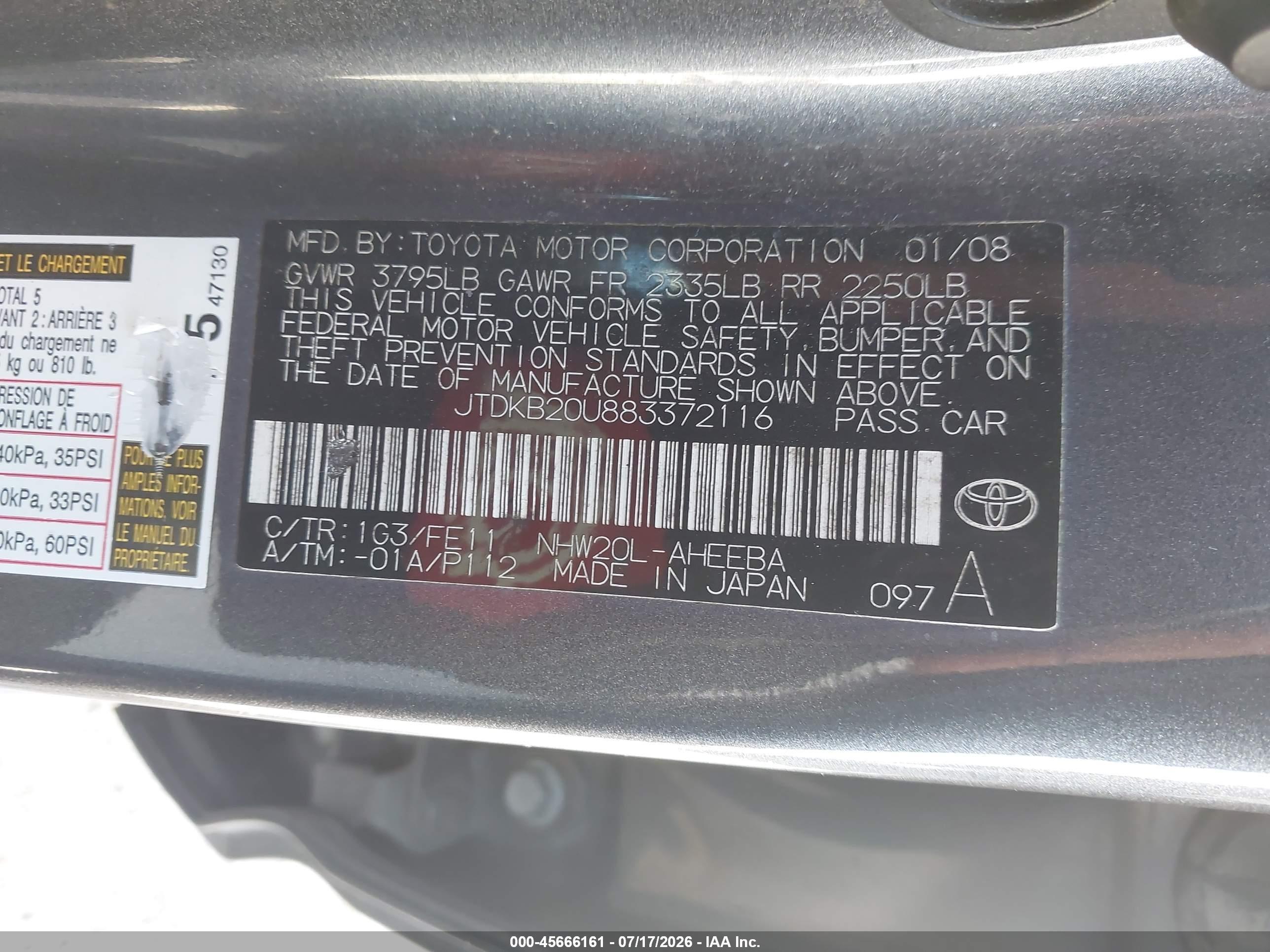 2008 Toyota Prius Gray vin: JTDKB20U883372116