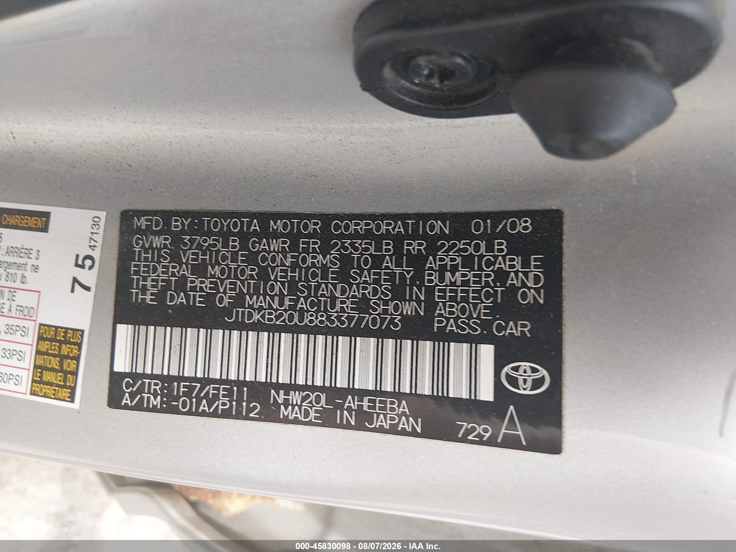 2008 Toyota Prius   Silver vin: JTDKB20U883377073