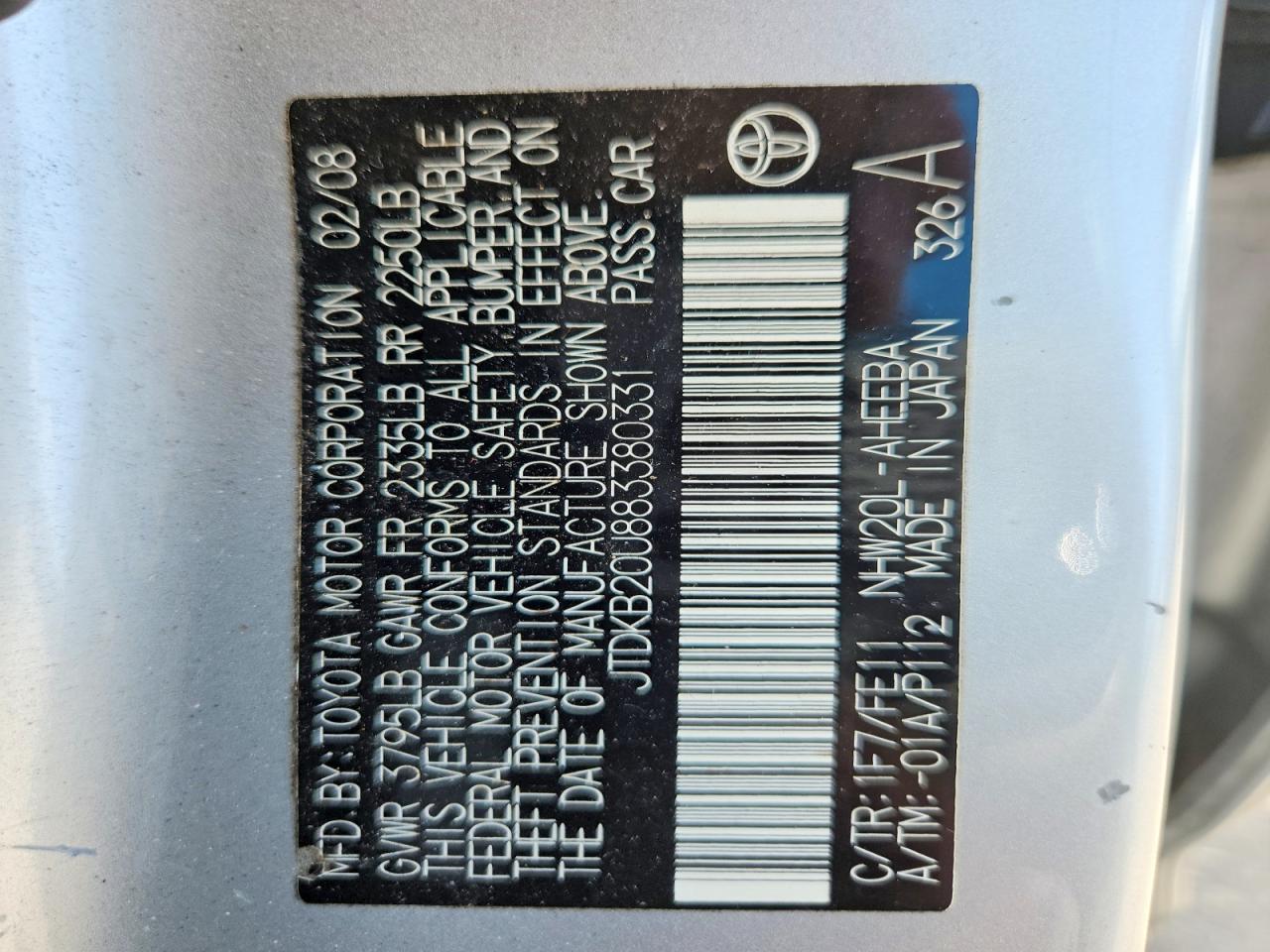 2008 Toyota Prius Standard Silver vin: JTDKB20U883380331