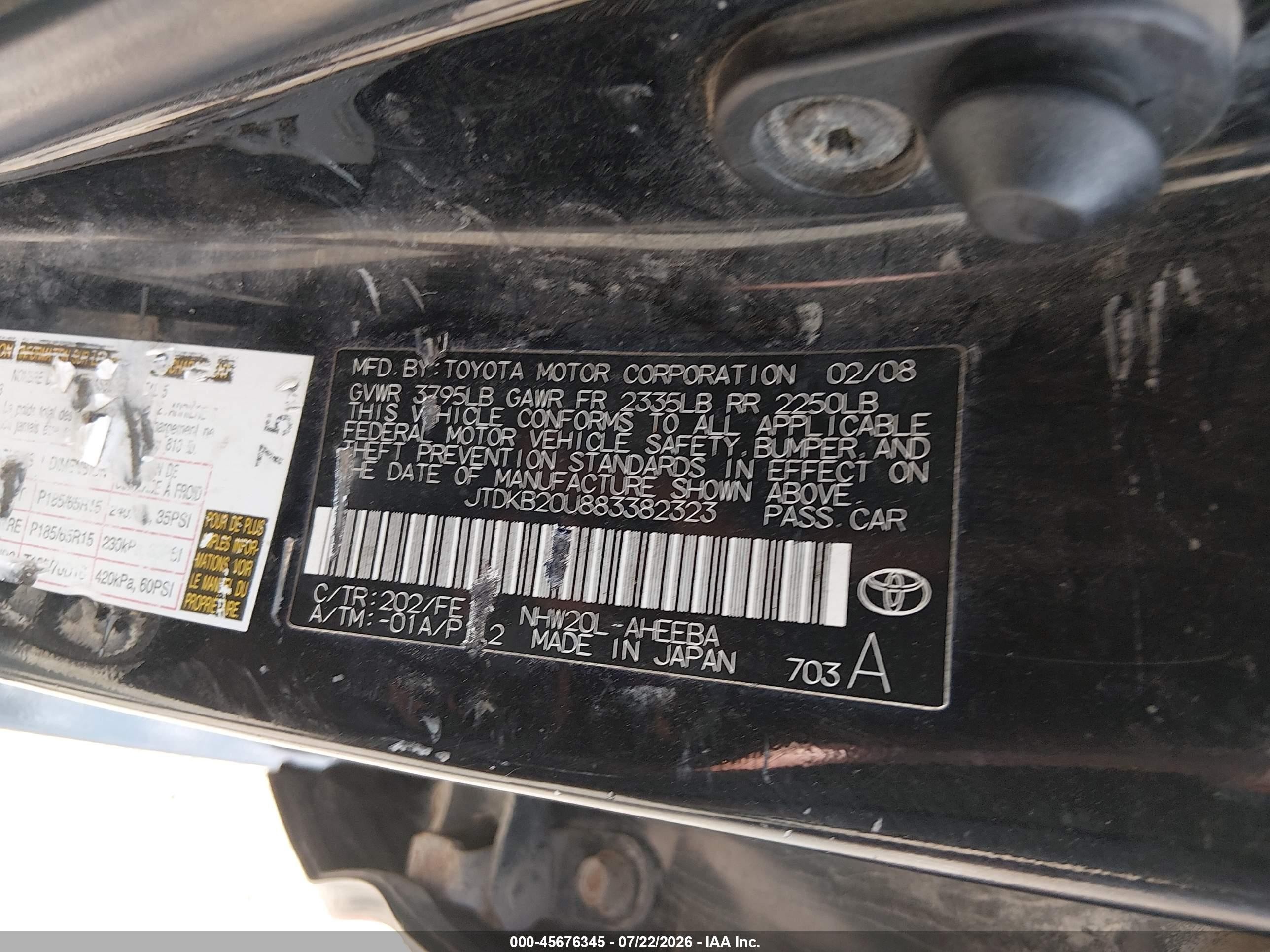 2008 Toyota Prius   Black vin: JTDKB20U883382323
