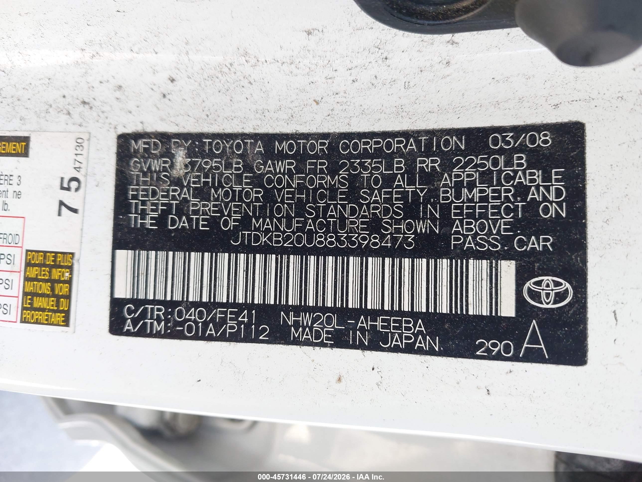 2008 Toyota Prius   White vin: JTDKB20U883398473