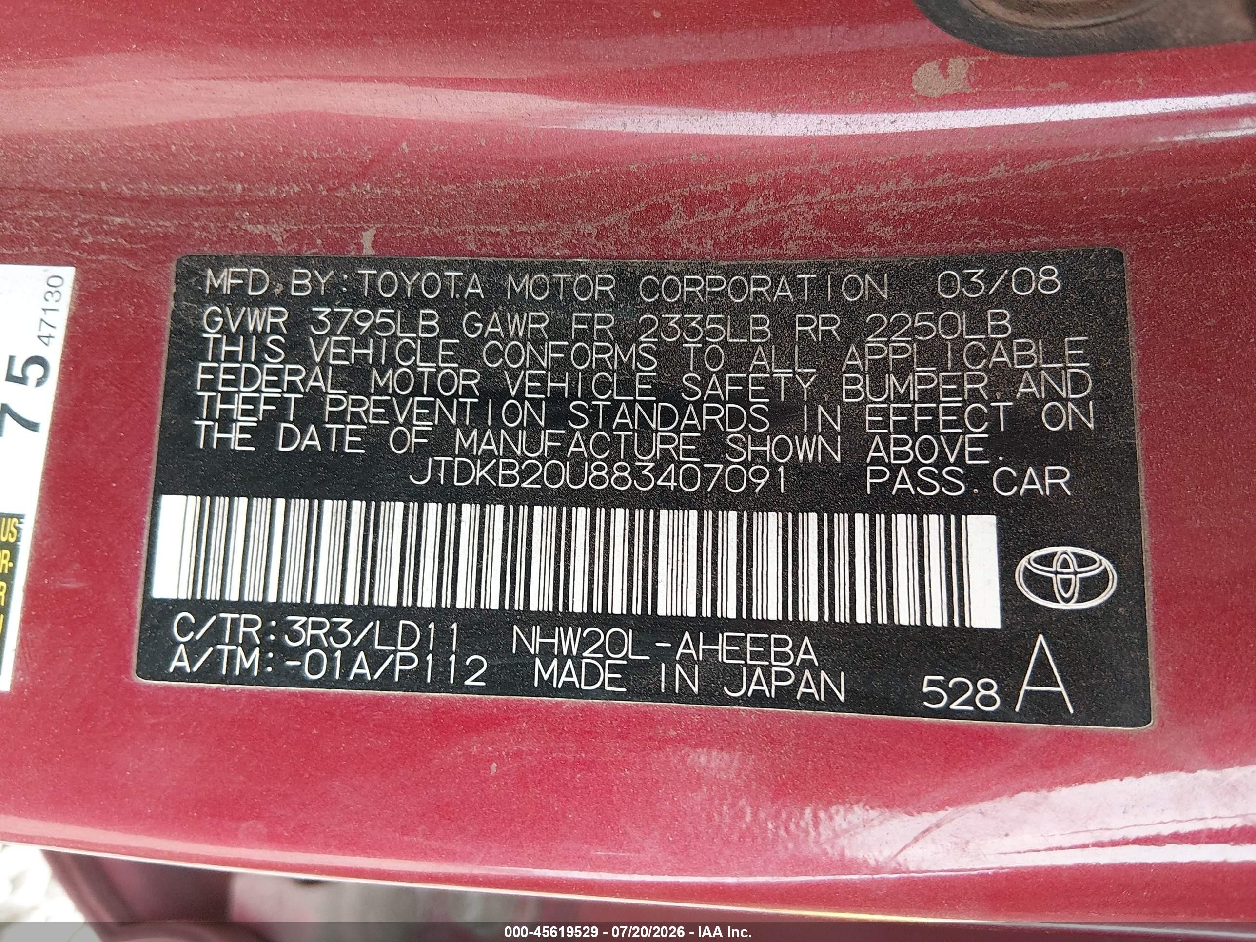 2008 Toyota Prius   Red vin: JTDKB20U883407091