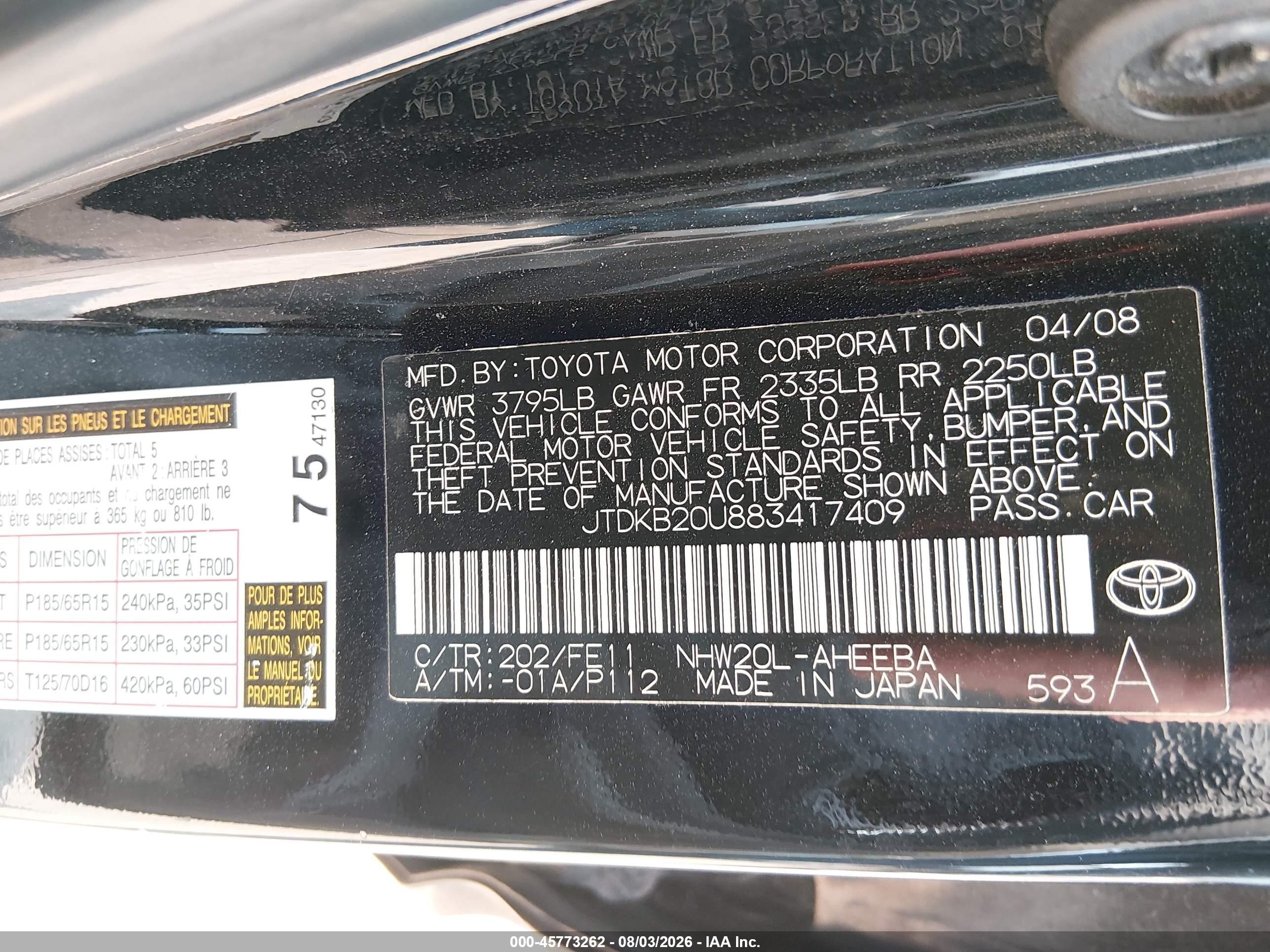 2008 Toyota Prius Black vin: JTDKB20U883417409