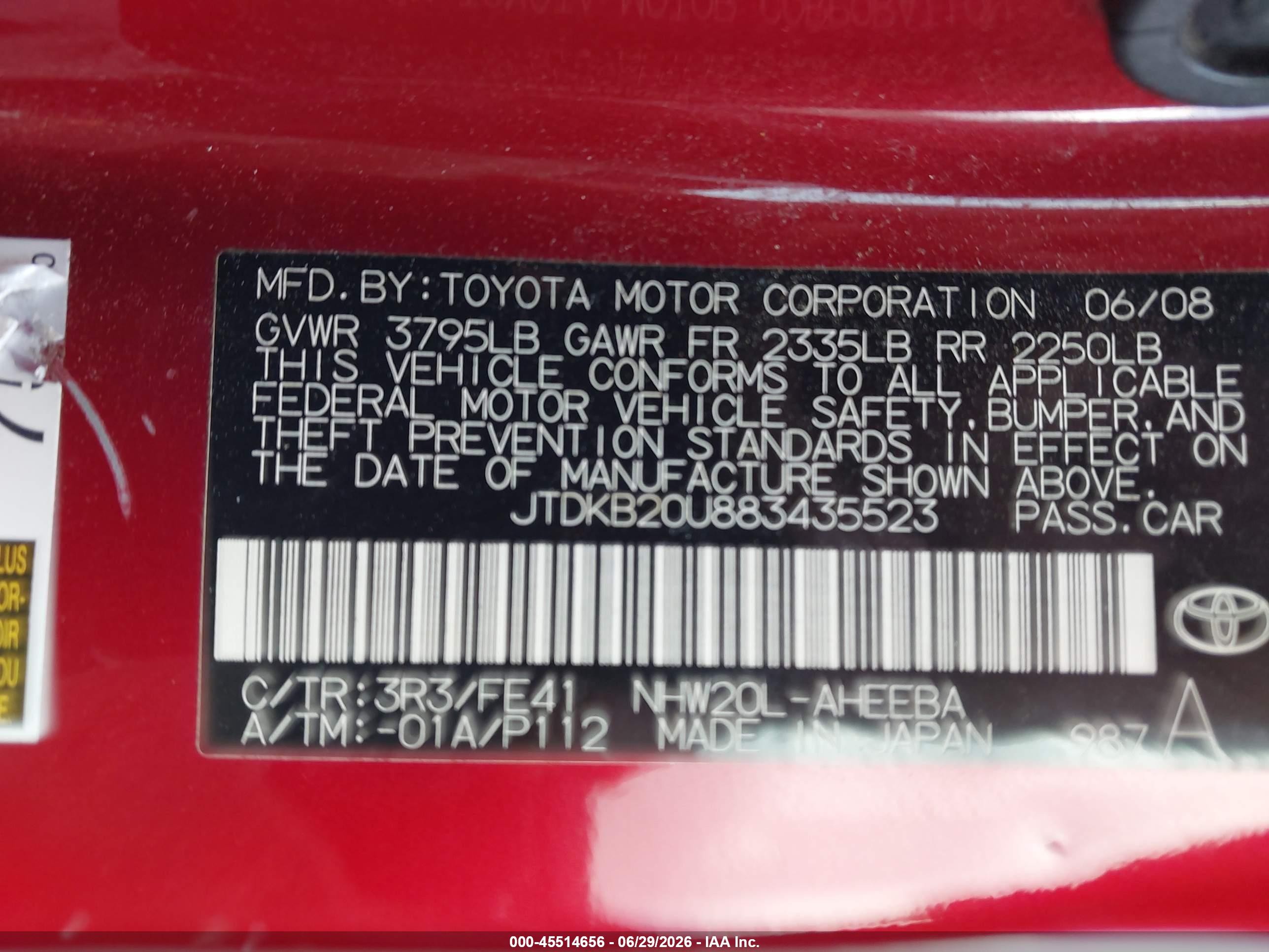 2008 Toyota Prius   Красный vin: JTDKB20U883435523
