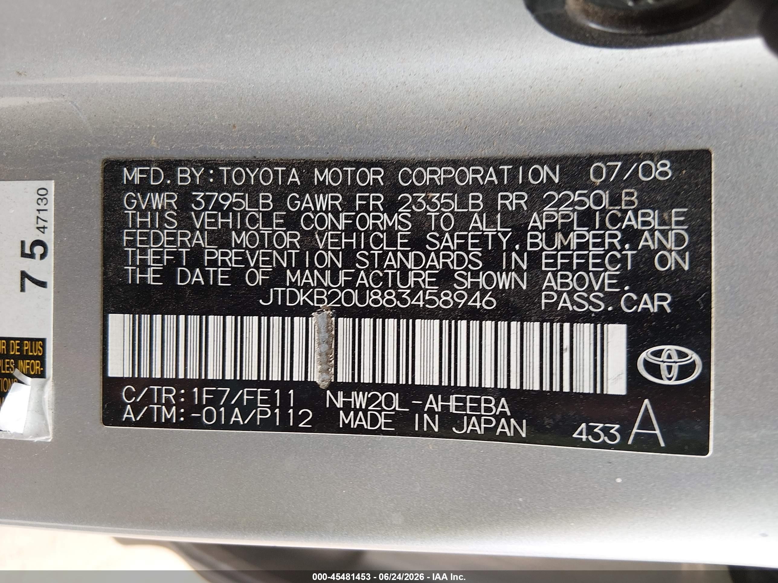 2008 Toyota Prius Silver vin: JTDKB20U883458946