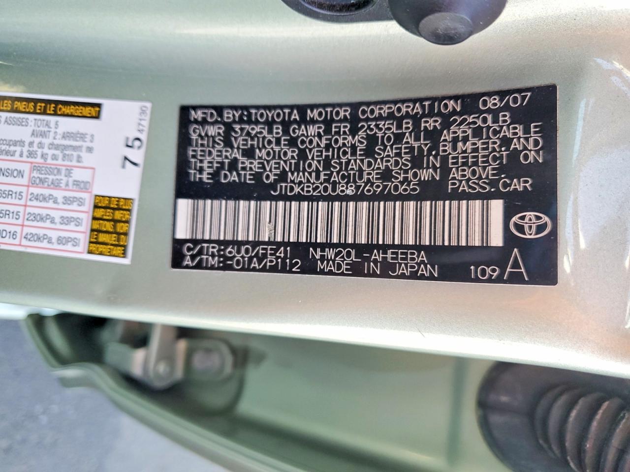 2008 Toyota Prius Base Green vin: JTDKB20U887697065