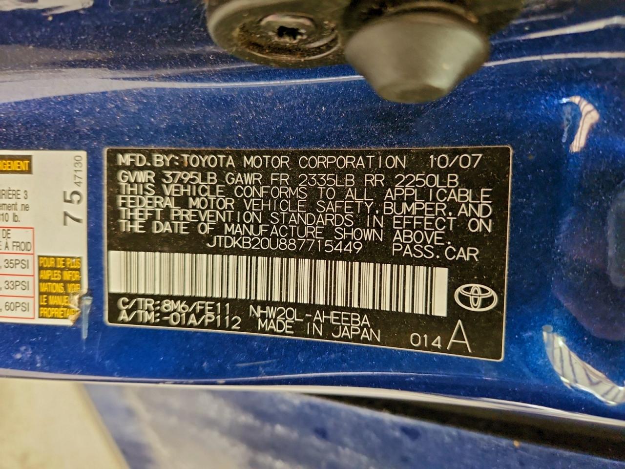 2008 Toyota Prius Blue vin: JTDKB20U887715449