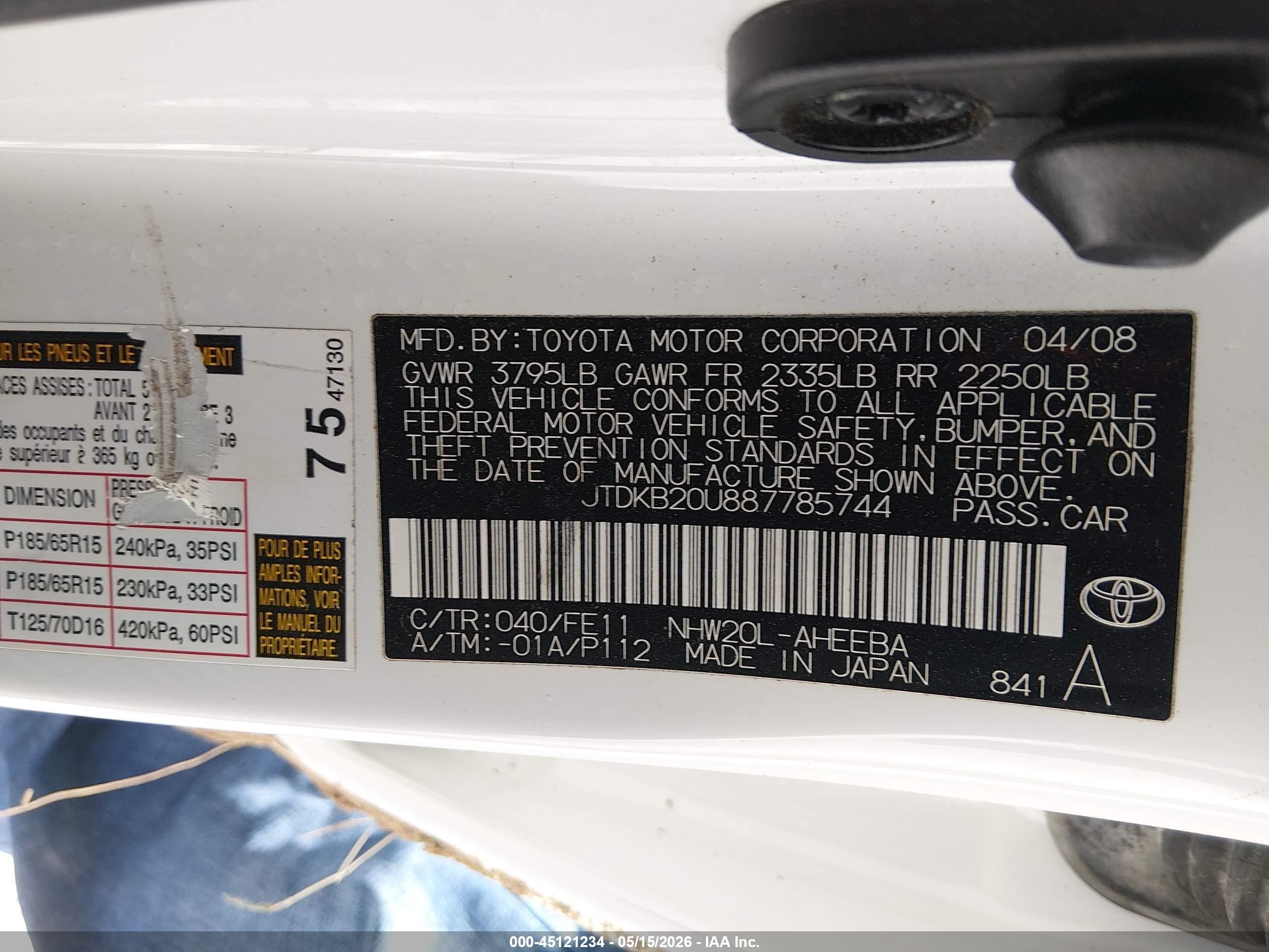 2008 Toyota Prius   White vin: JTDKB20U887785744