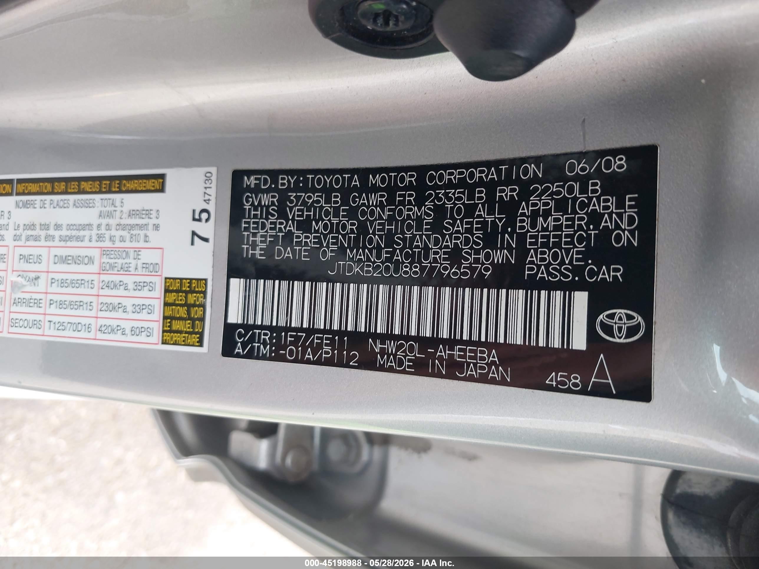 2008 Toyota Prius   Silver vin: JTDKB20U887796579