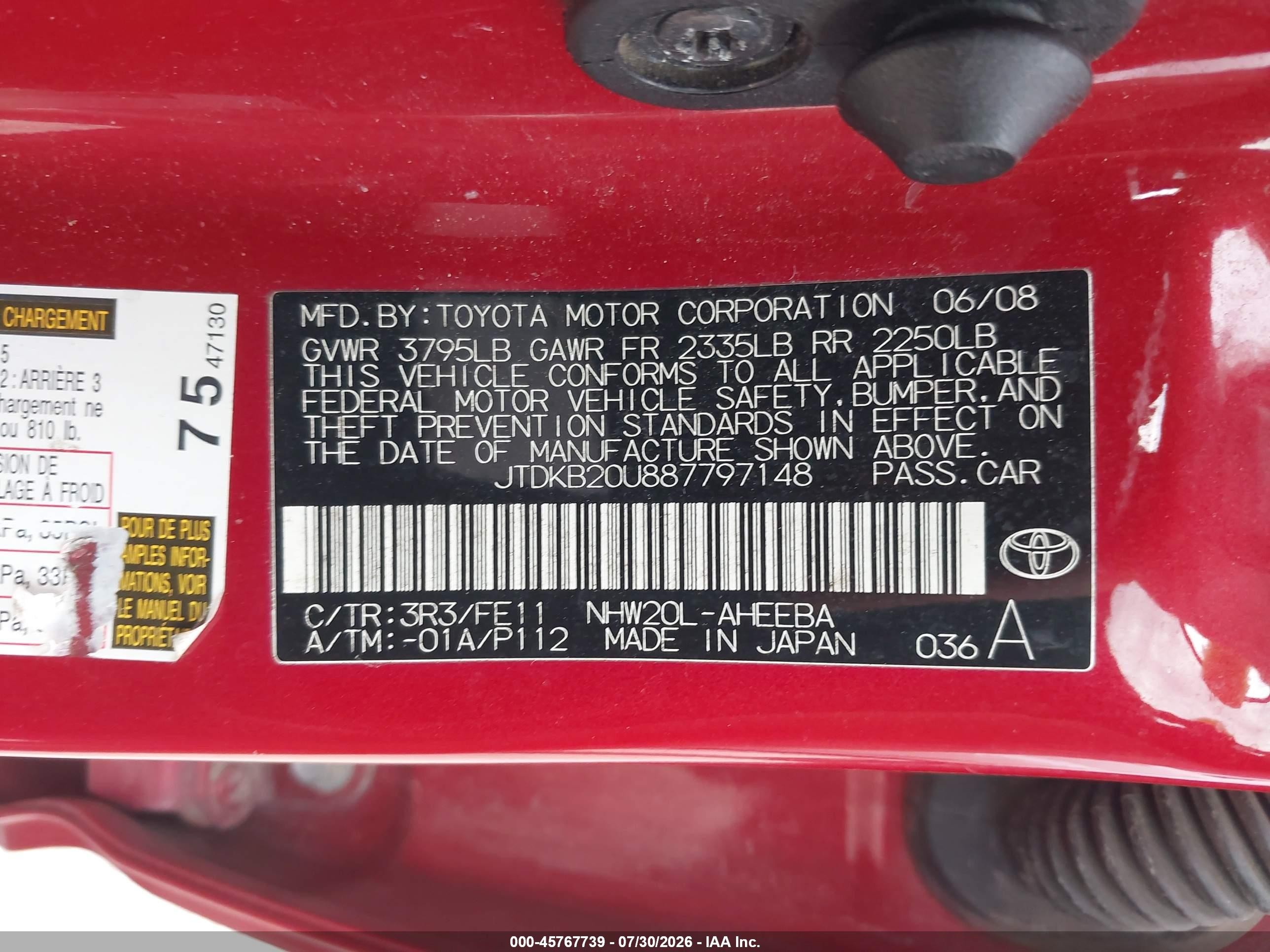 2008 Toyota Prius Red vin: JTDKB20U887797148