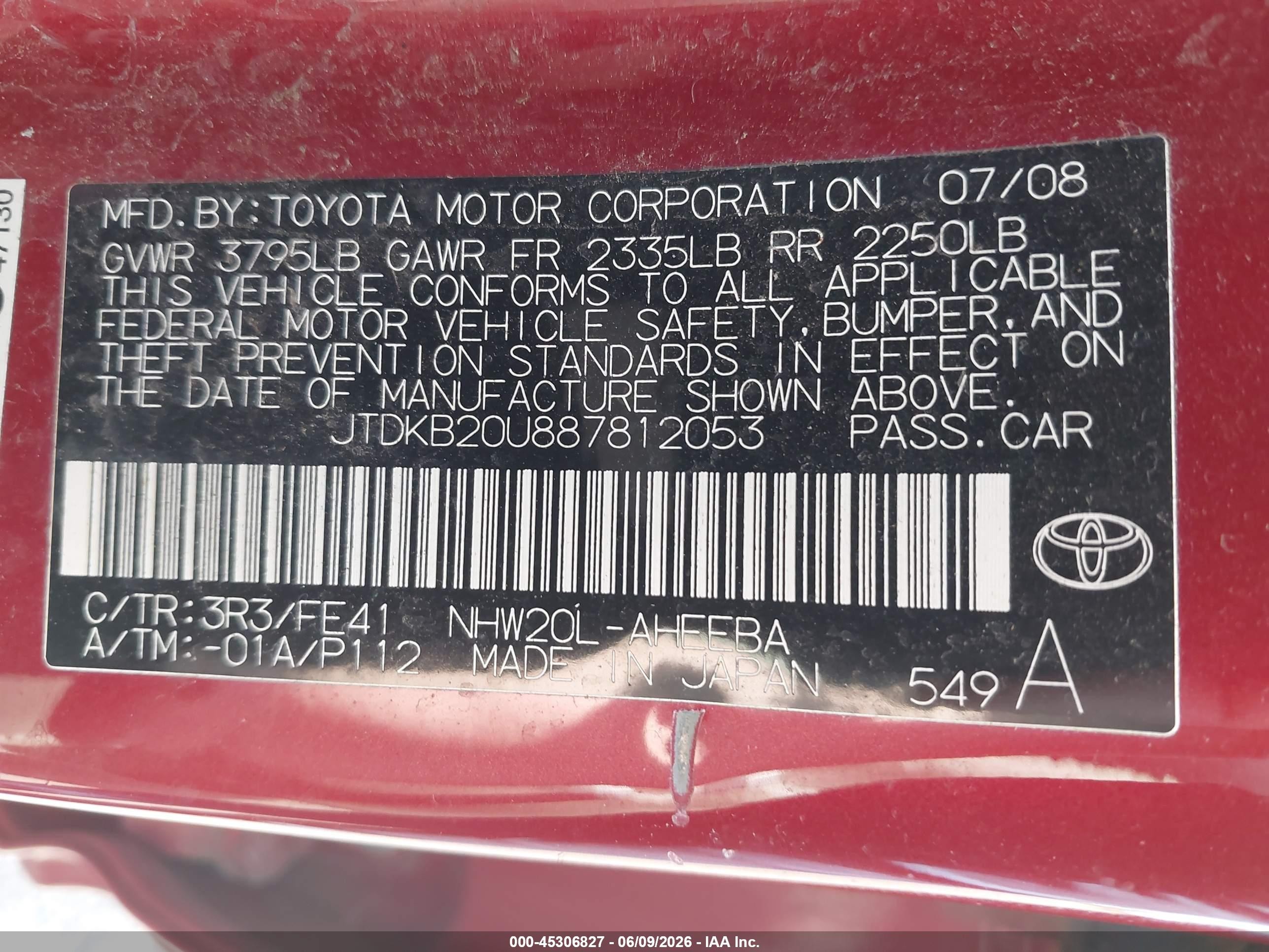 2008 Toyota Prius   Red vin: JTDKB20U887812053