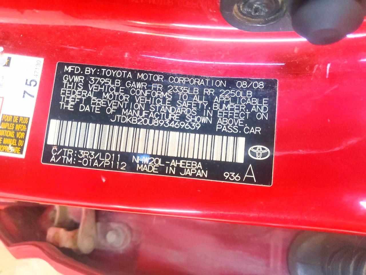 2009 Toyota Prius Base Red vin: JTDKB20U893469639