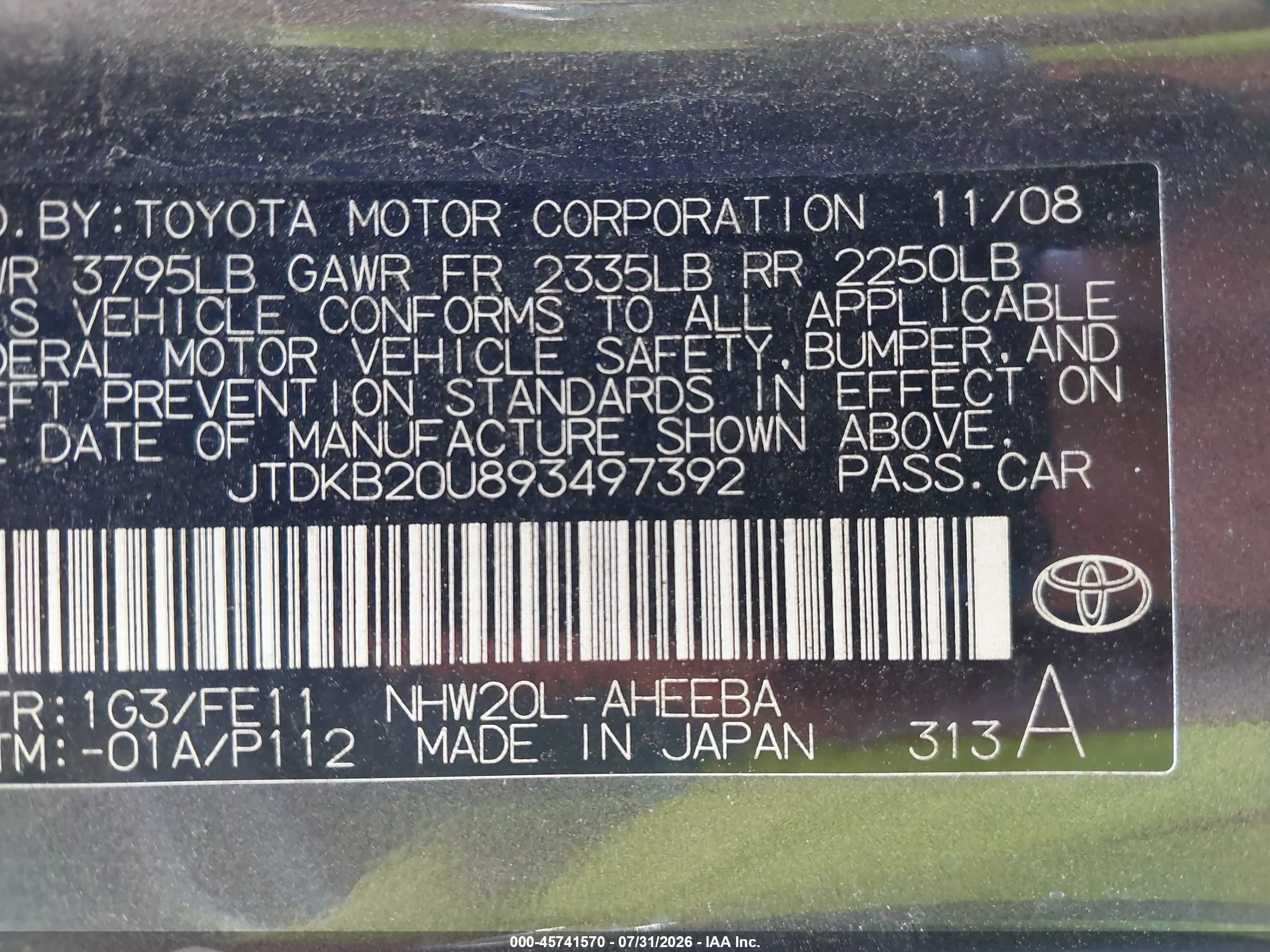 2009 Toyota Prius   Gray vin: JTDKB20U893497392
