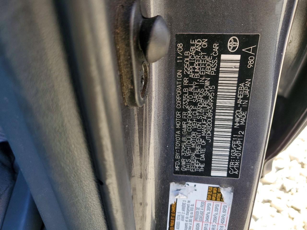 2009 Toyota Prius Base Gray vin: JTDKB20U893499515