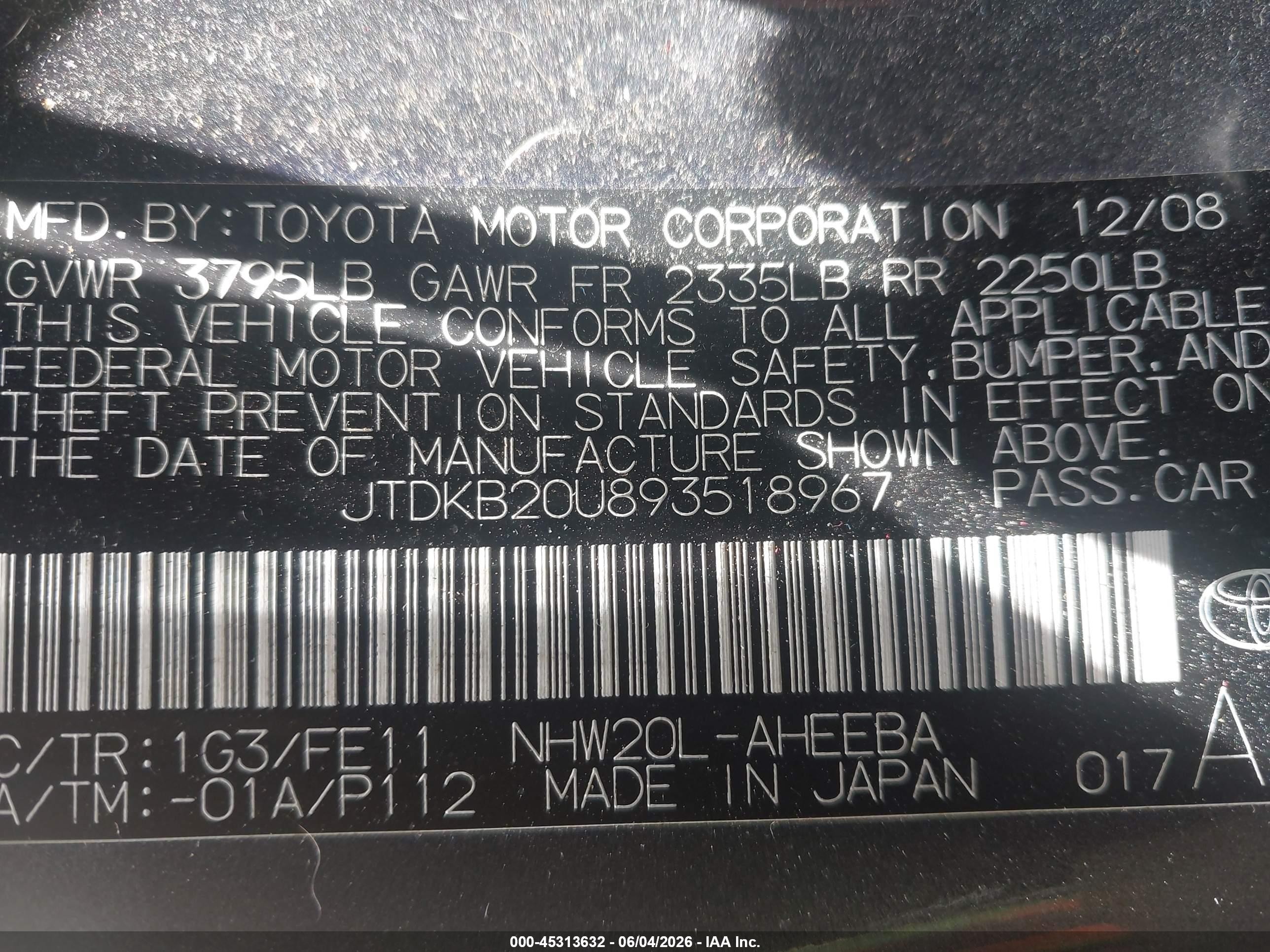 2009 Toyota Prius Standard Gray vin: JTDKB20U893518967