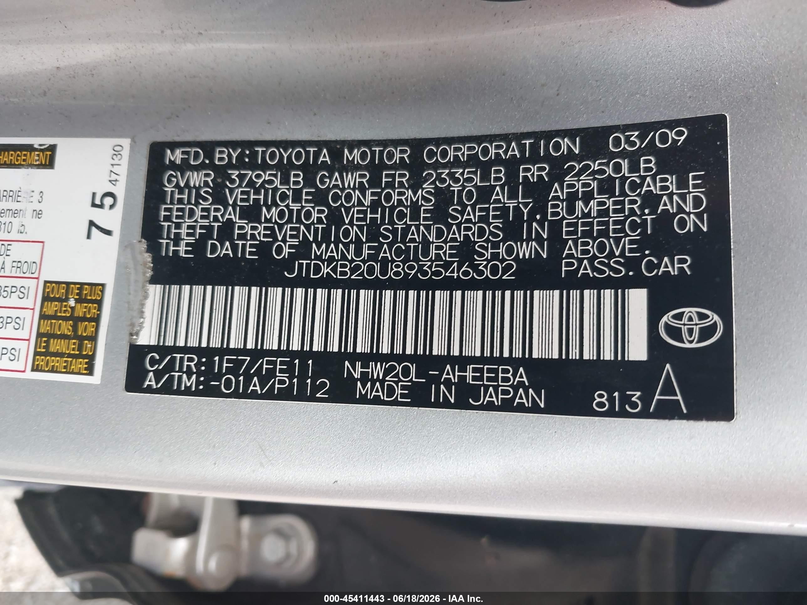 2009 Toyota Prius   Black vin: JTDKB20U893546302