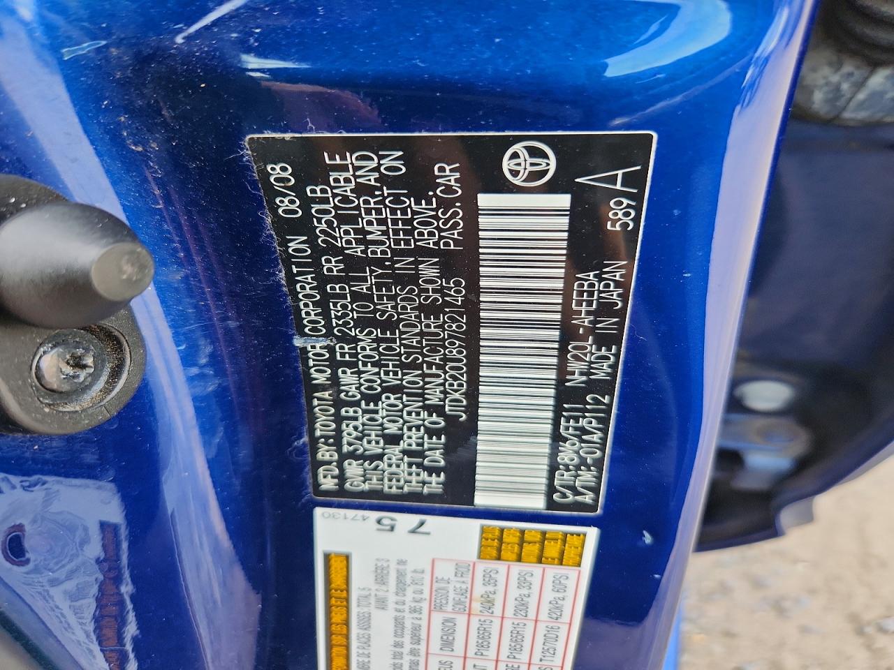2009 Toyota Prius Base Blue vin: JTDKB20U897821465