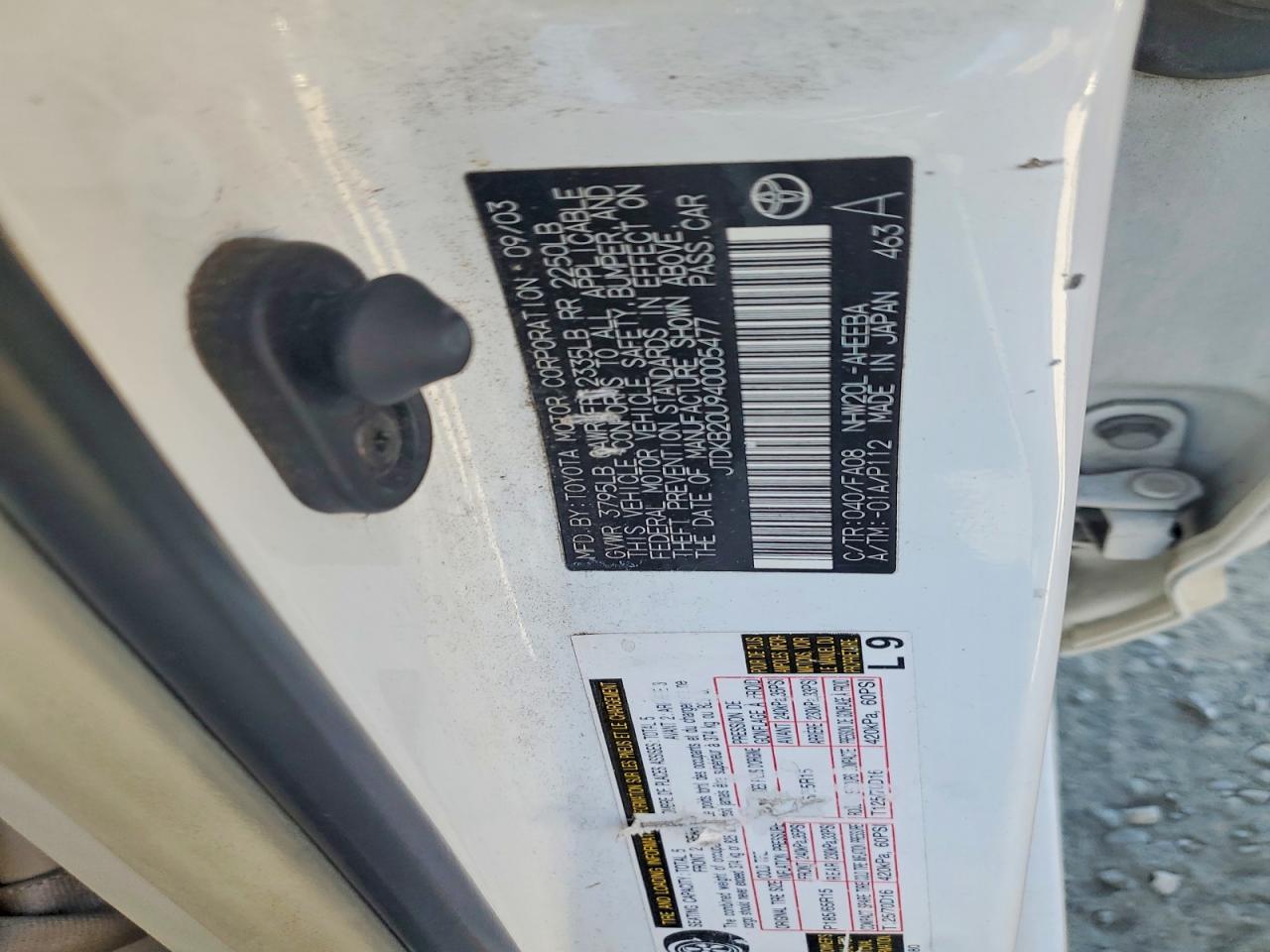 2004 Toyota Prius Base White vin: JTDKB20U940005477