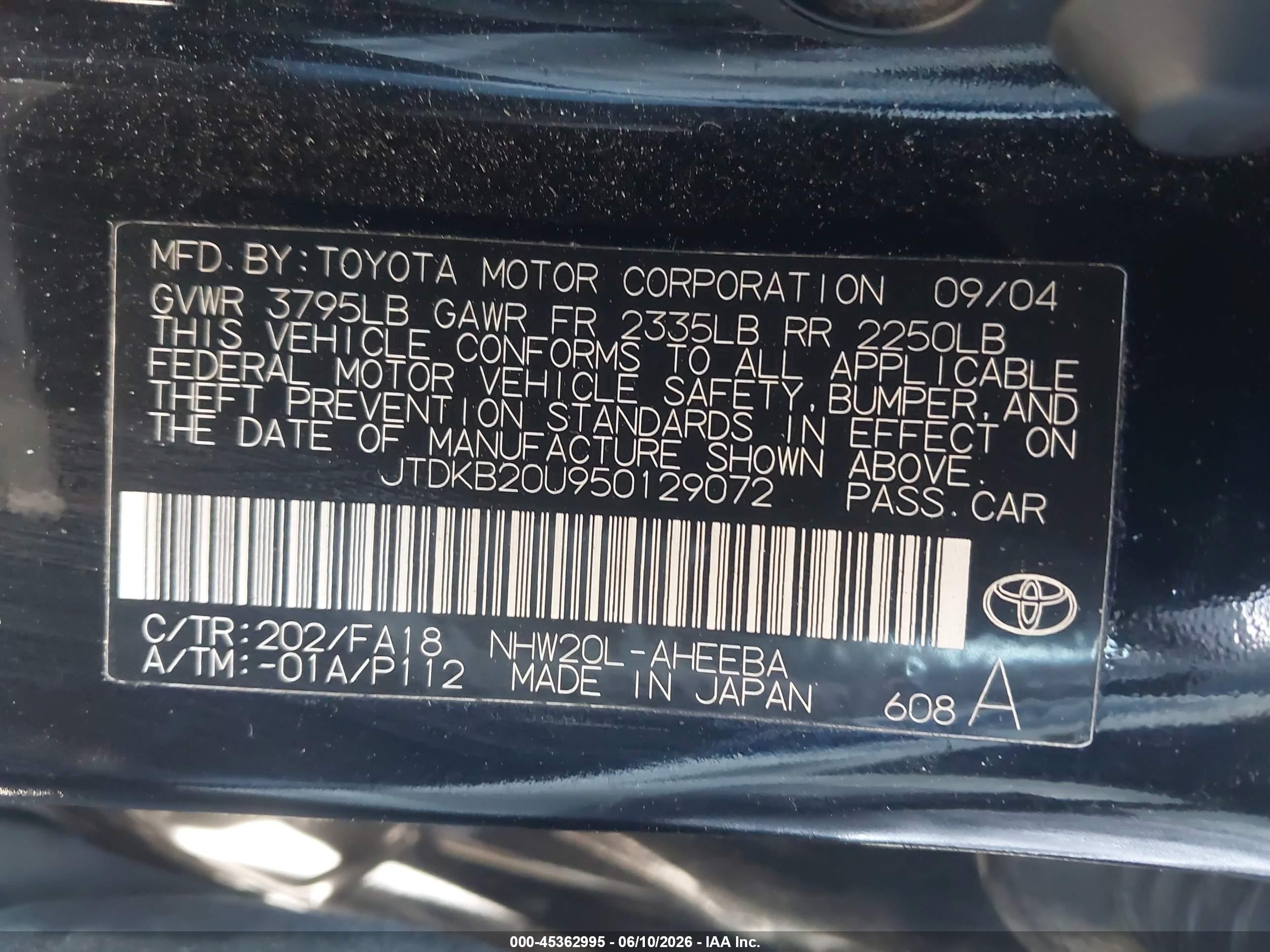 2005 Toyota Prius   Black vin: JTDKB20U950129072