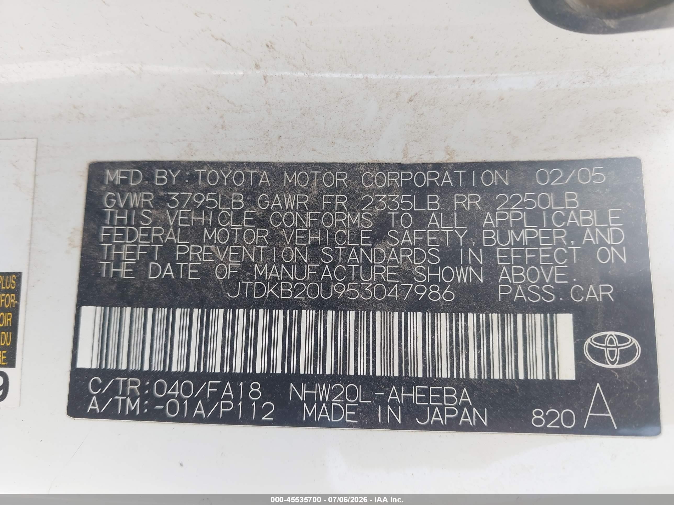 2005 Toyota Prius   White vin: JTDKB20U953047986