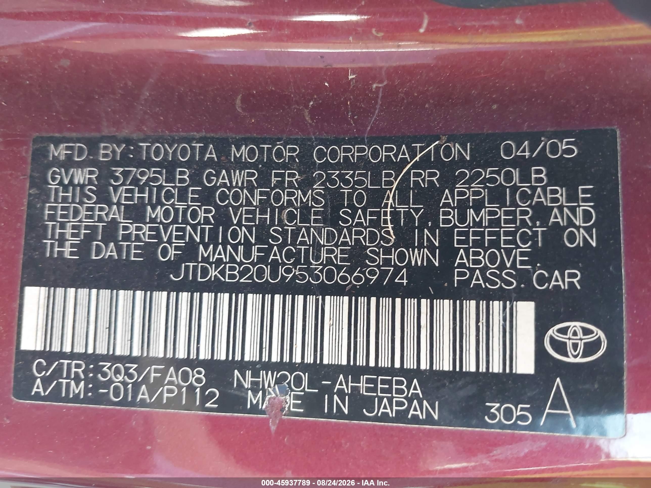 2005 Toyota Prius   Burgundy vin: JTDKB20U953066974