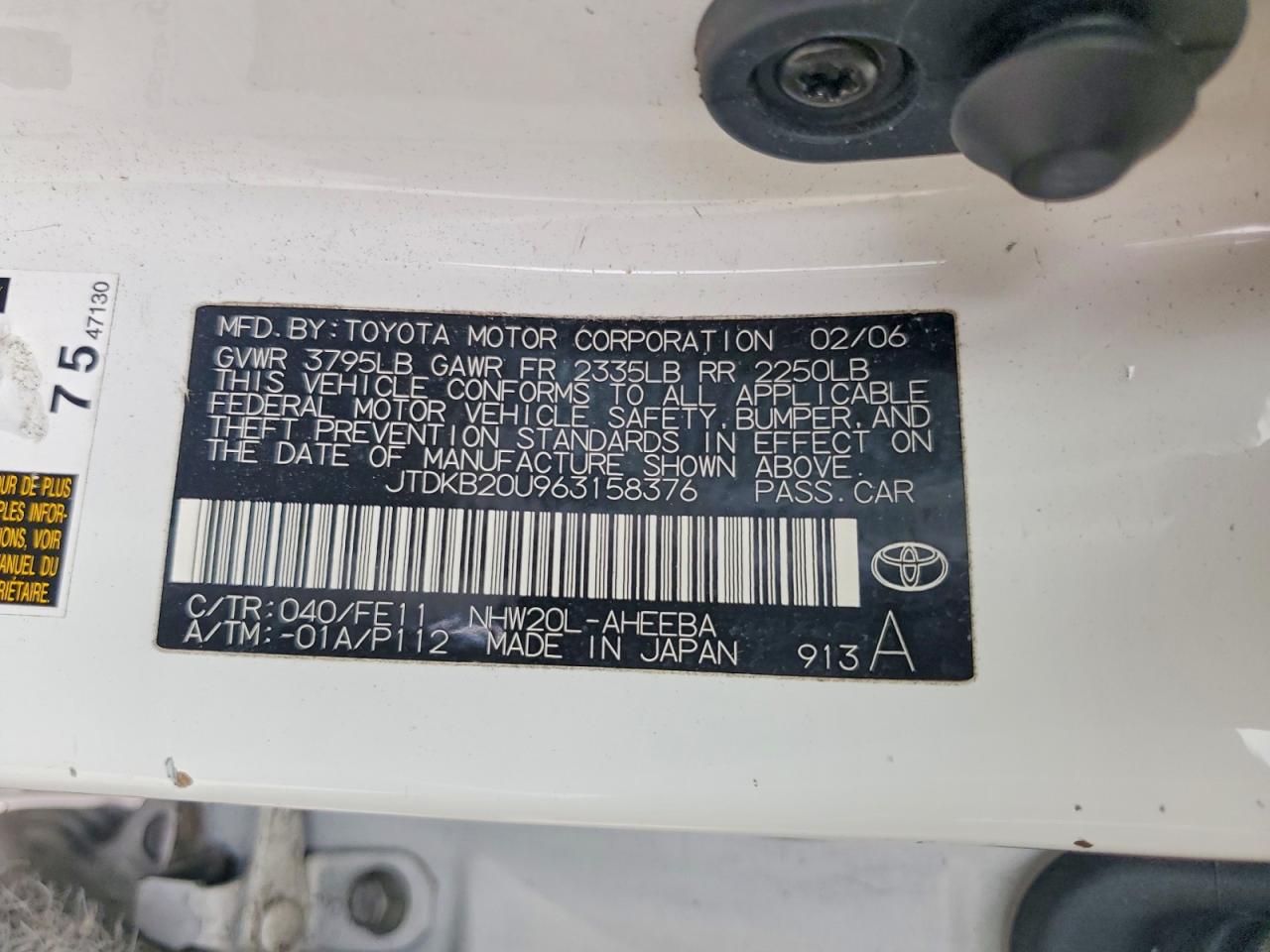2006 Toyota Prius Base White vin: JTDKB20U963158376