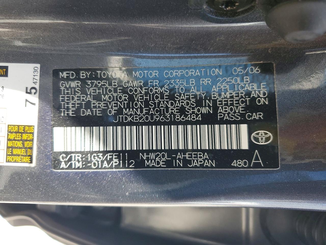 2006 Toyota Prius Base Gray vin: JTDKB20U963186484