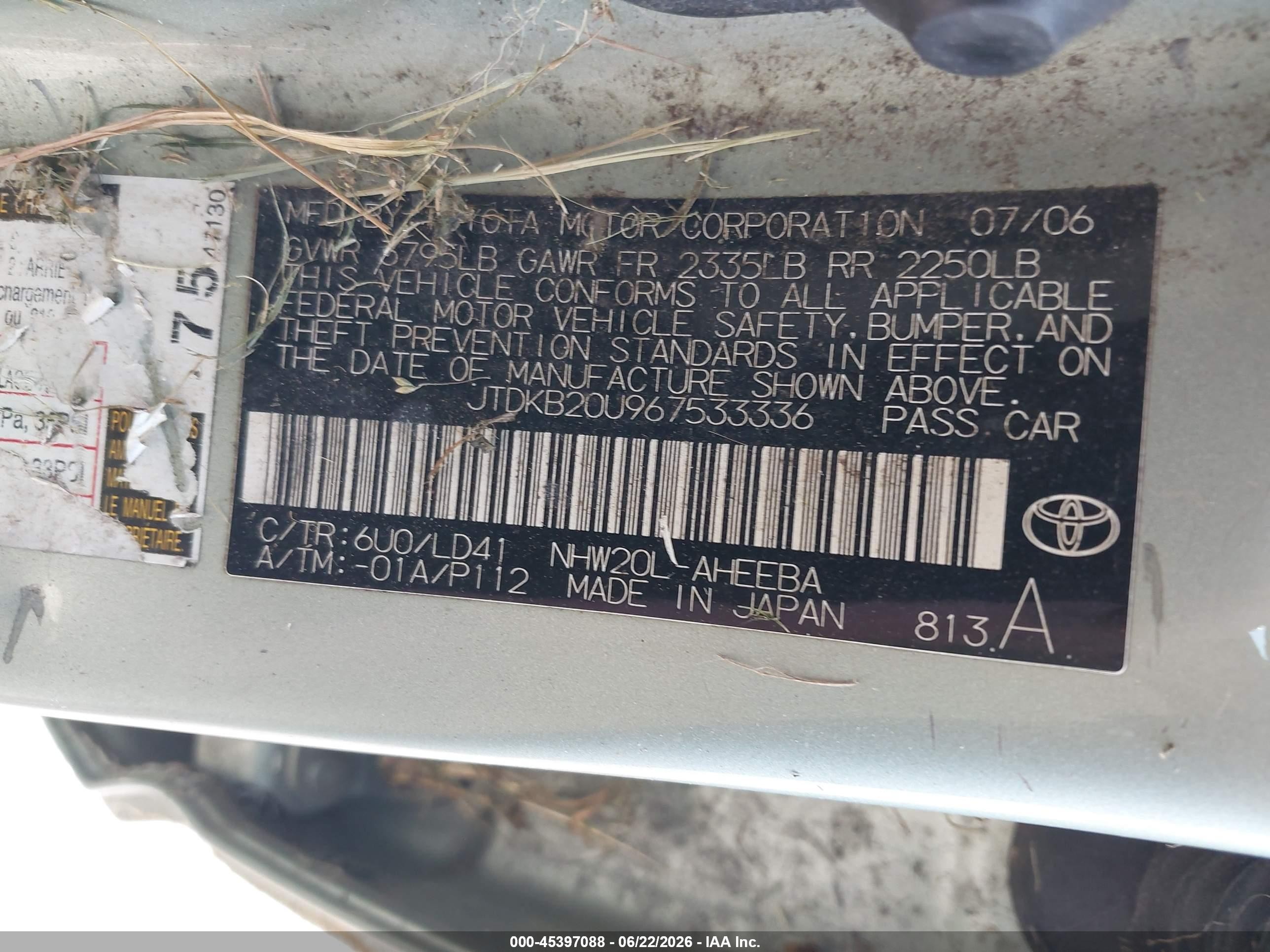 2006 Toyota Prius   Green vin: JTDKB20U967533336